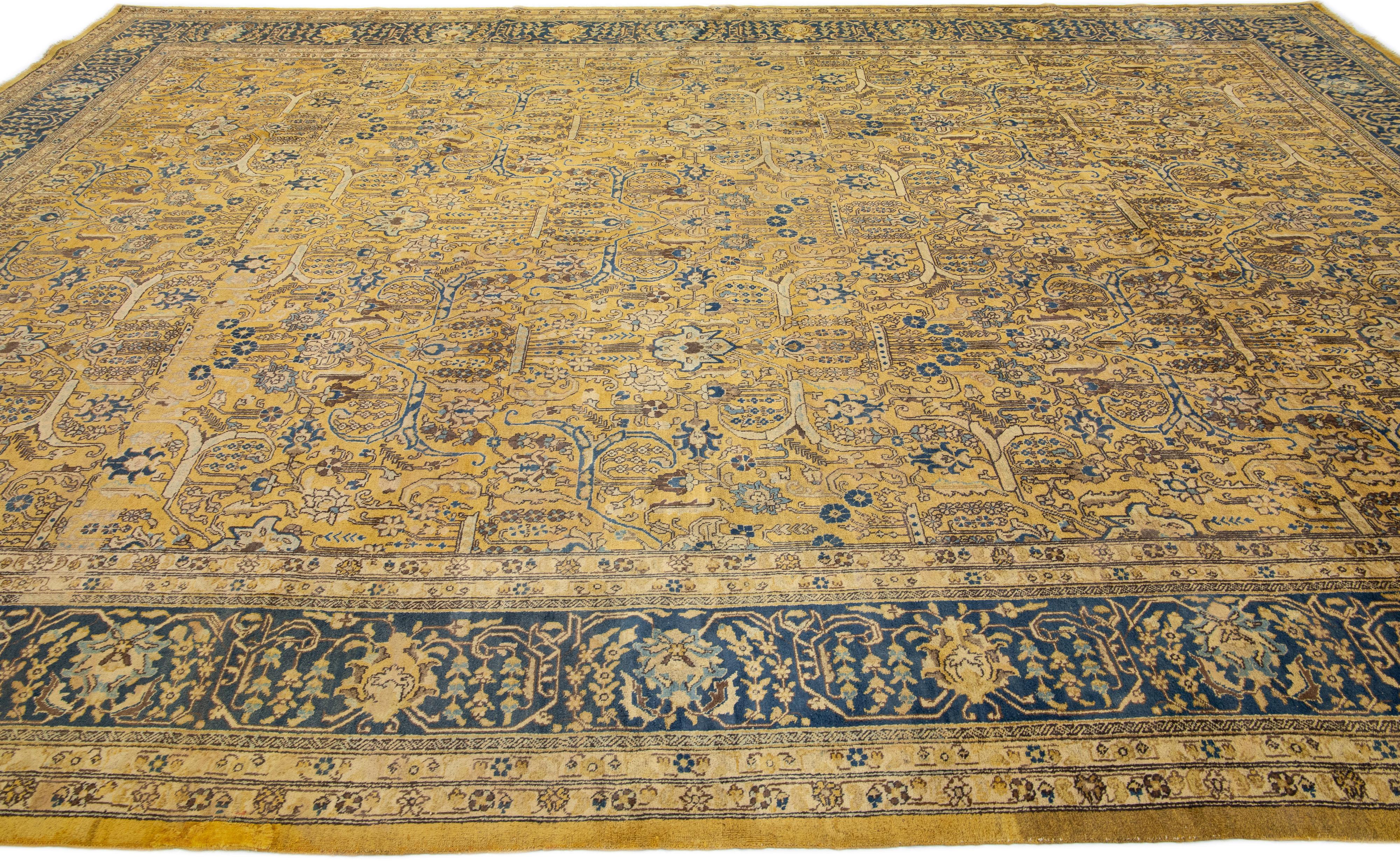 20th Century Antique Tabriz Yellow Handmade Allover Floral Persian Wool Rug For Sale