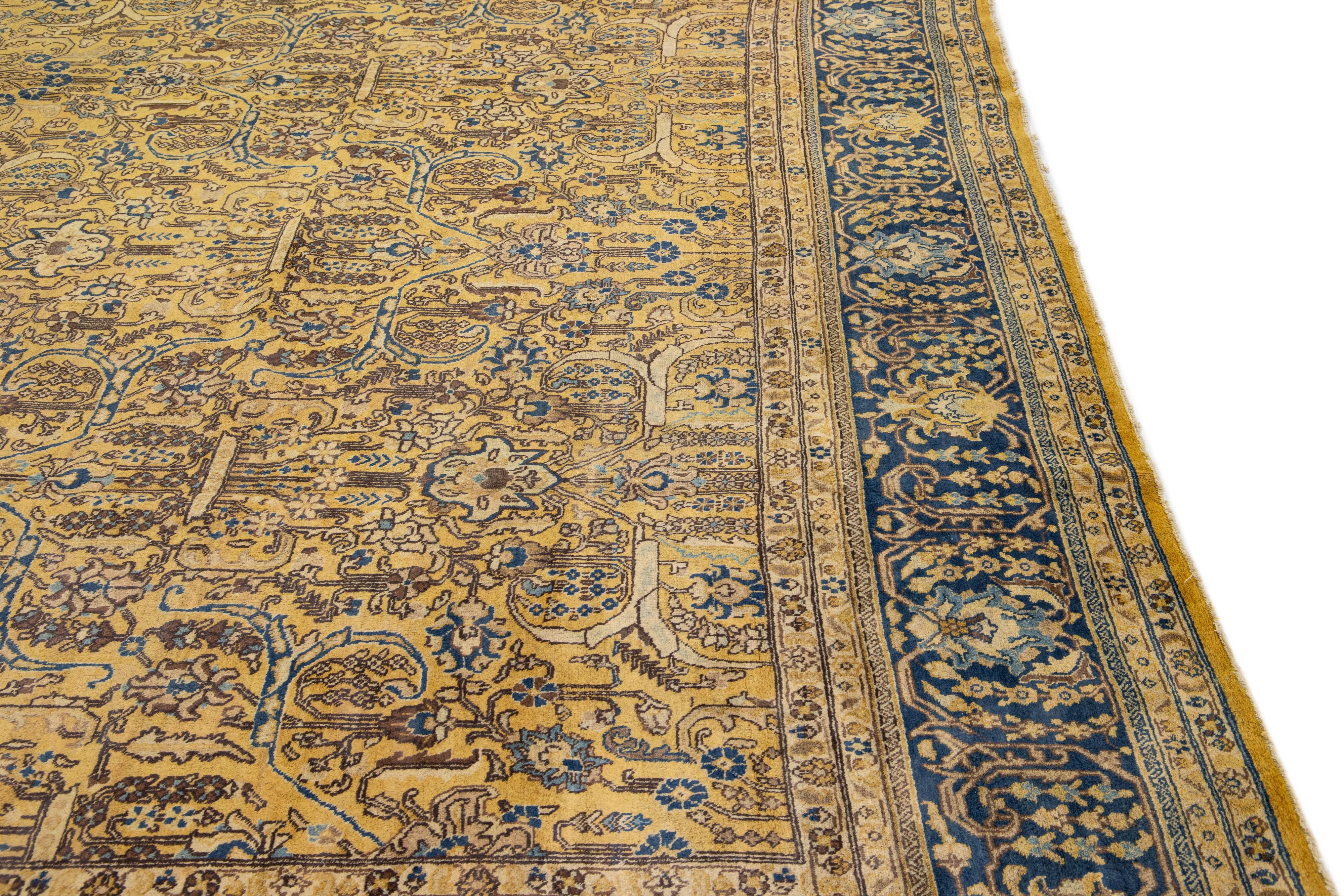 Antique Tabriz Yellow Handmade Allover Floral Persian Wool Rug For Sale 3