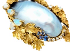 Antique Tahitian Pearl, Tanzanite, Opal & Diamond Brooch/Pendant in Yellow Gold