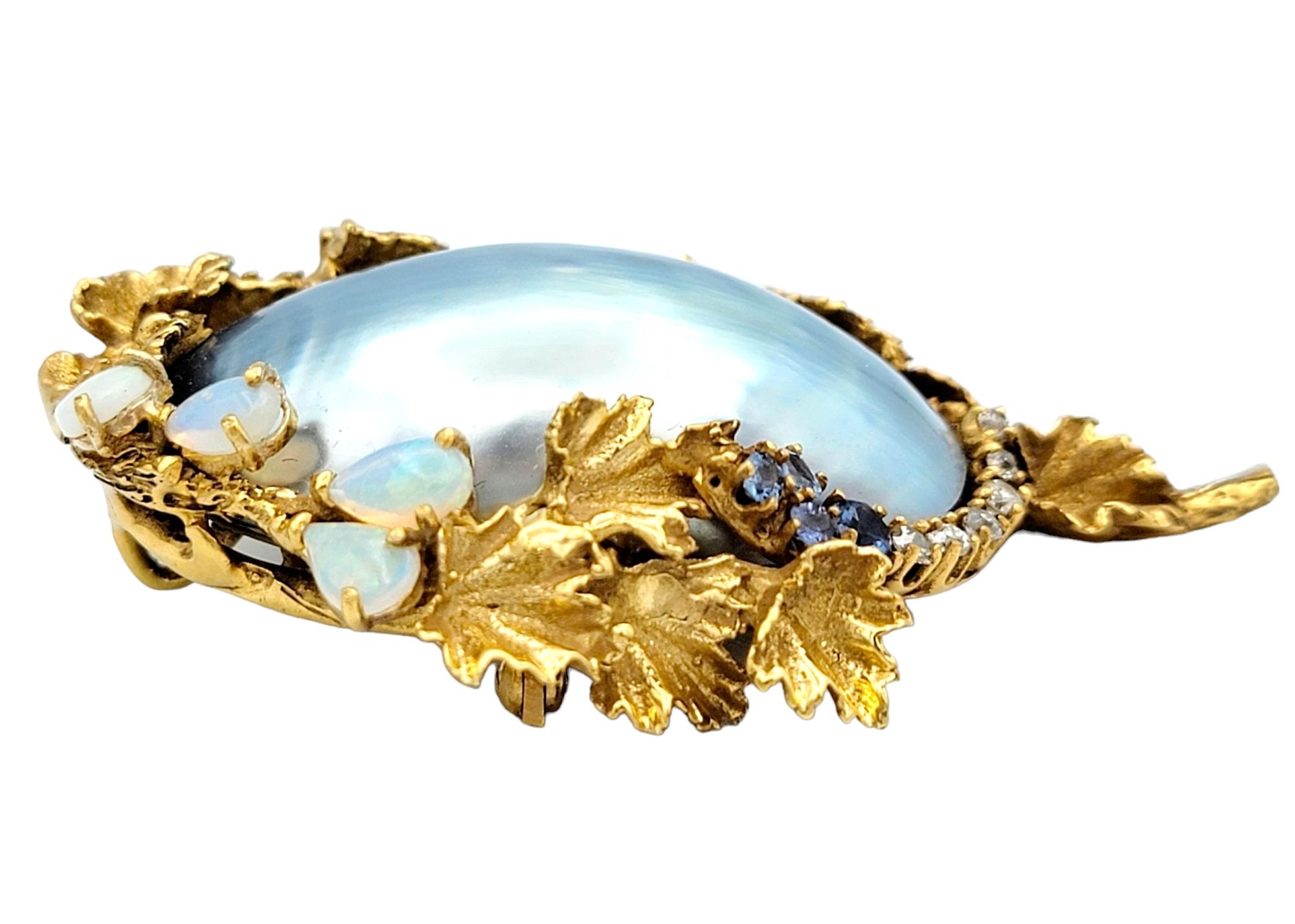 Contemporary Antique Tahitian Pearl, Tanzanite, Opal & Diamond Brooch/Pendant in Yellow Gold For Sale