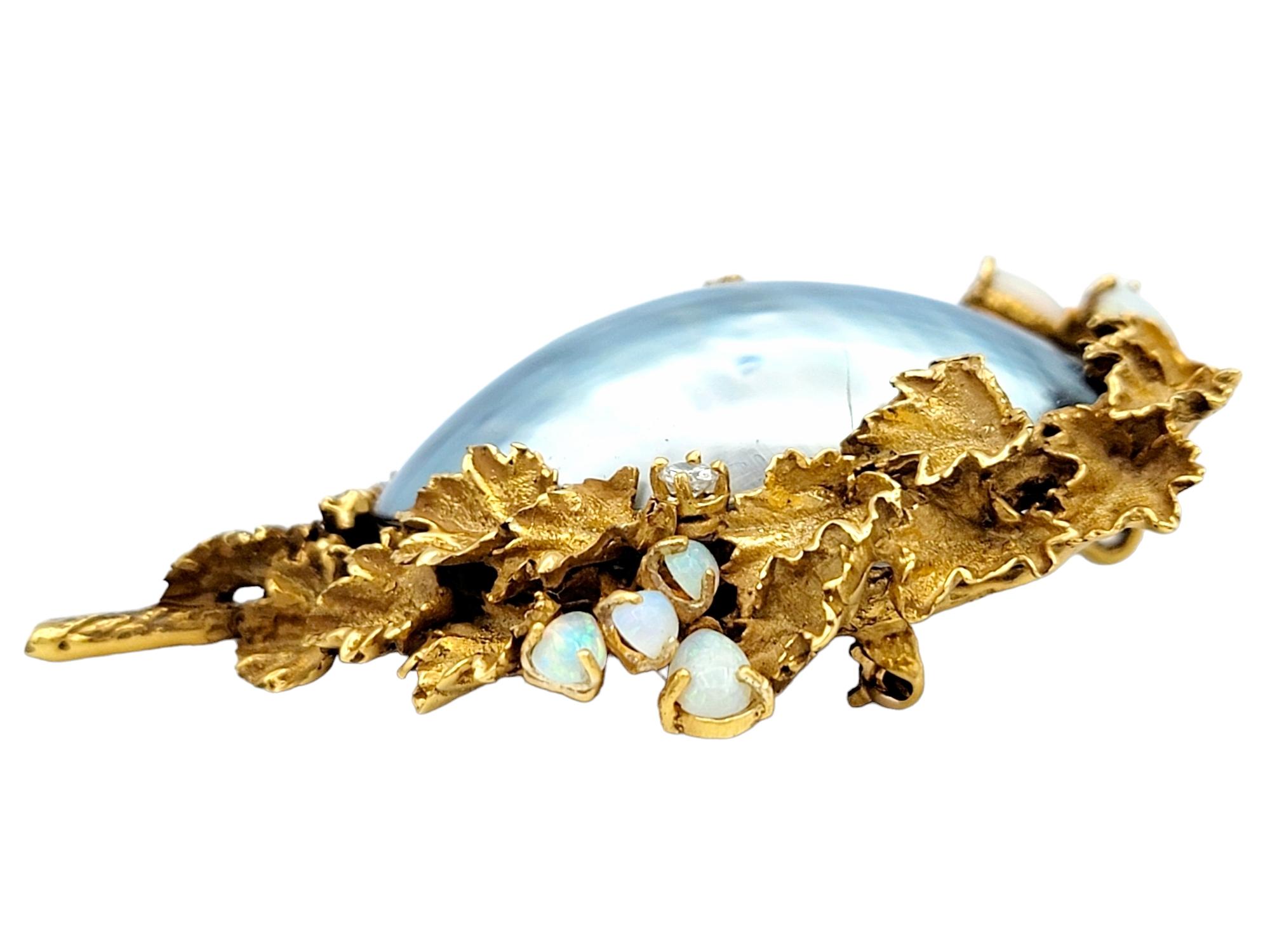 Pear Cut Antique Tahitian Pearl, Tanzanite, Opal & Diamond Brooch/Pendant in Yellow Gold For Sale