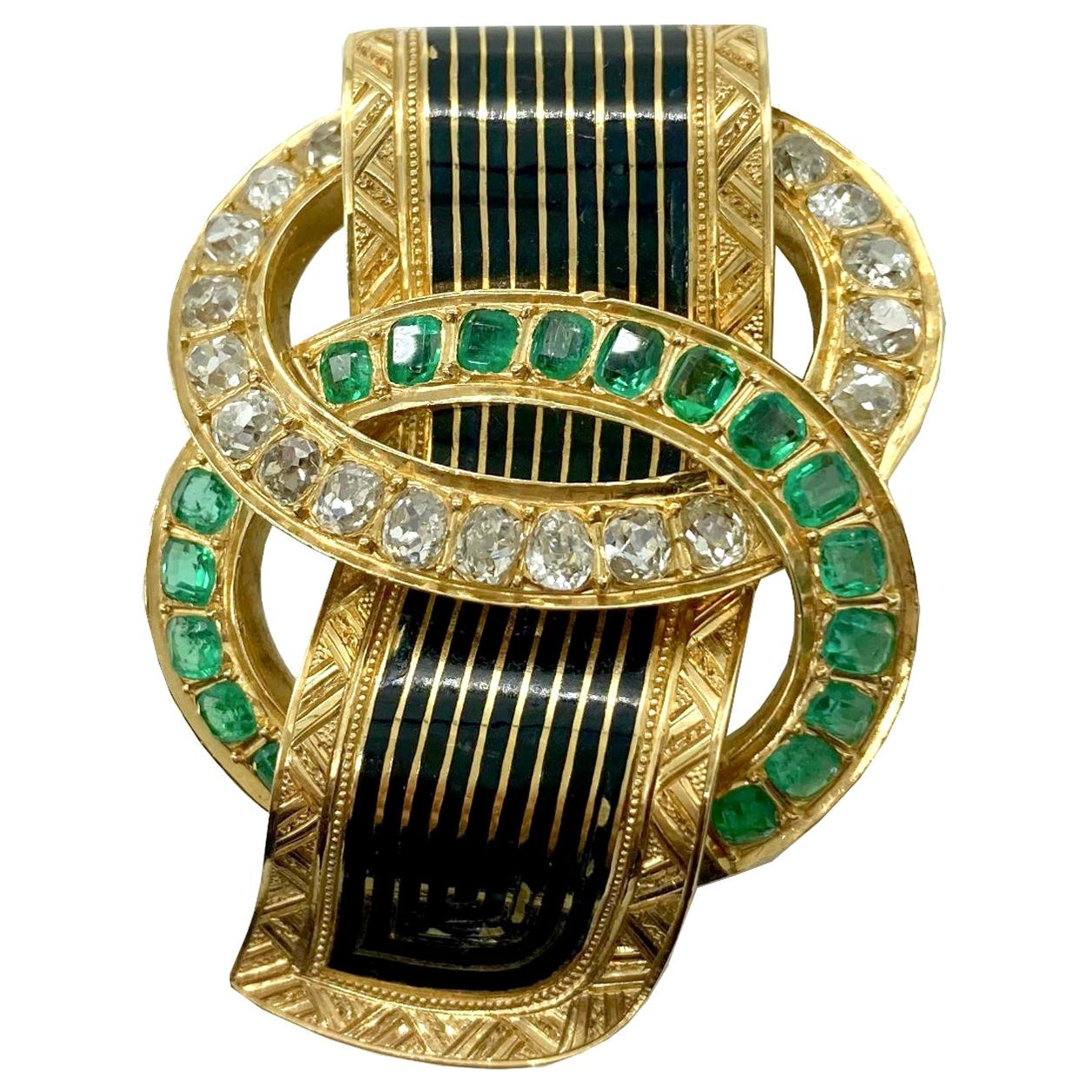 Antique Taille d’Epargne Emerald and Diamond Buckle Brooch-Pendant