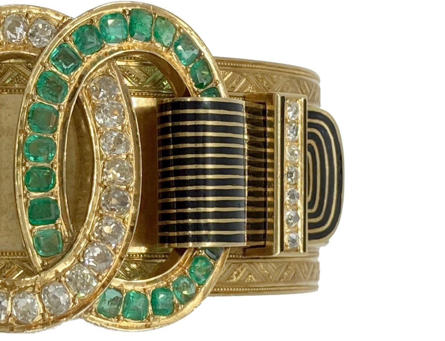 Late Victorian Antique Taille D’Epargne Emerald Diamond Buckle Bracelet