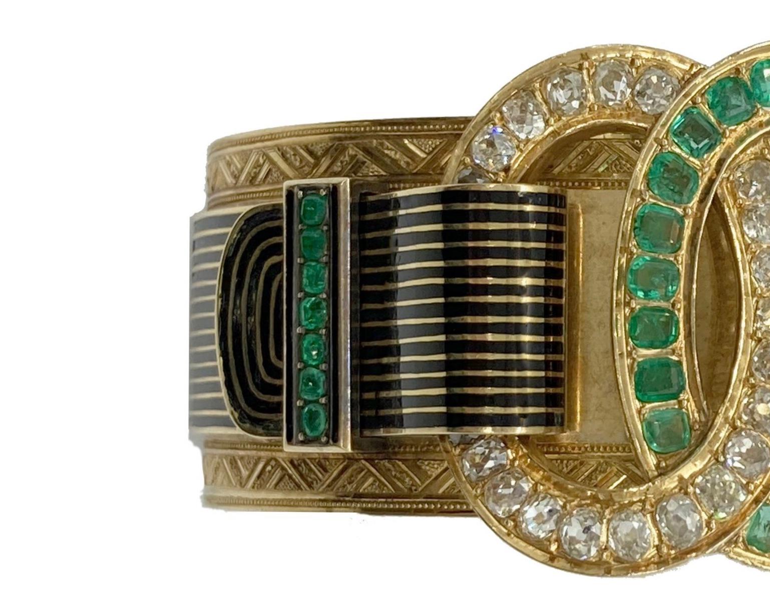 Late Victorian Antique Taille d’Epargne Emerald Diamond Buckle Bracelet