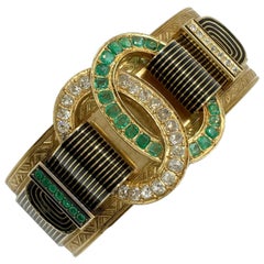 Antique Taille d’Epargne Emerald Diamond Buckle Bracelet
