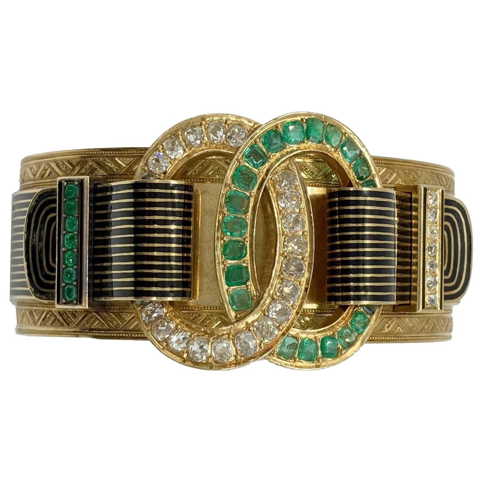 Antique Taille D’Epargne Emerald Diamond Buckle Bracelet