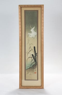 Antigua xilografía Tanzaku del periodo Taisho de Seiko sobre una garza al atardecer