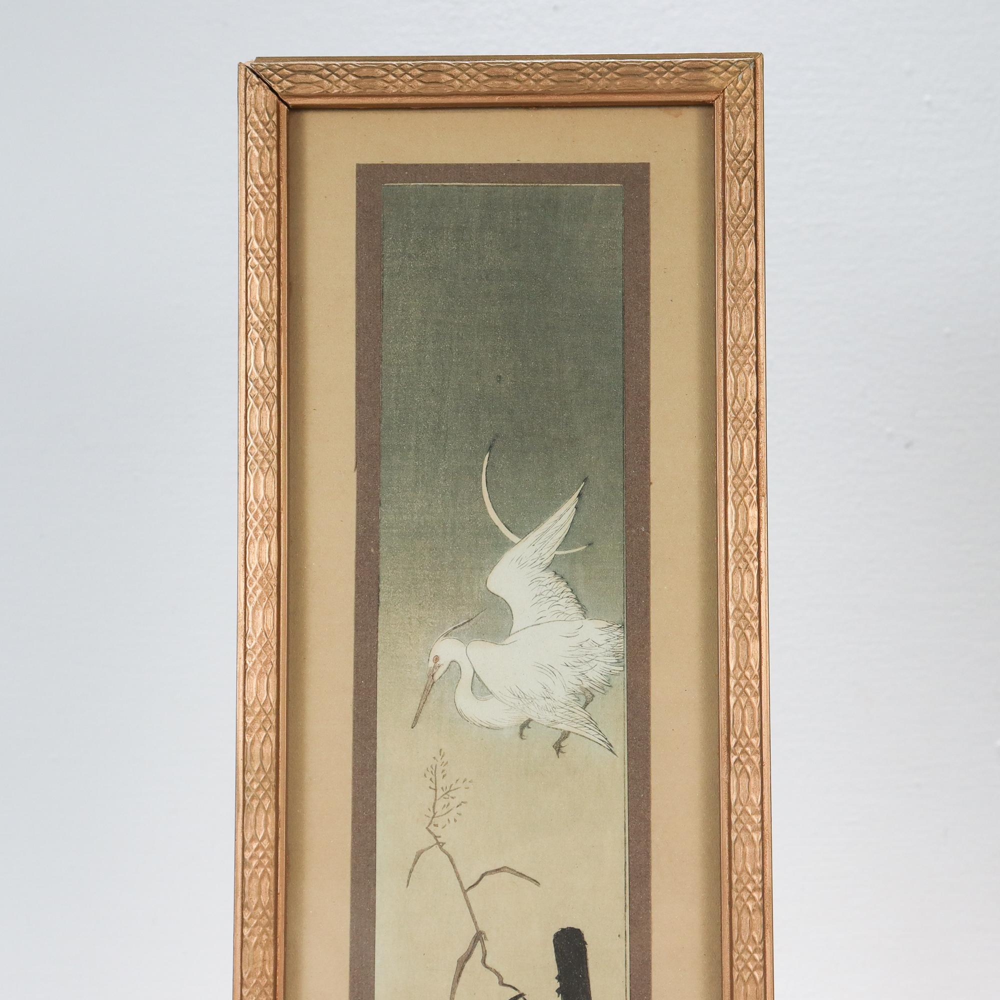Japanese Antique Taisho Period Tanzaku Woodblock Print of Heron at Twilight by Seiko  For Sale