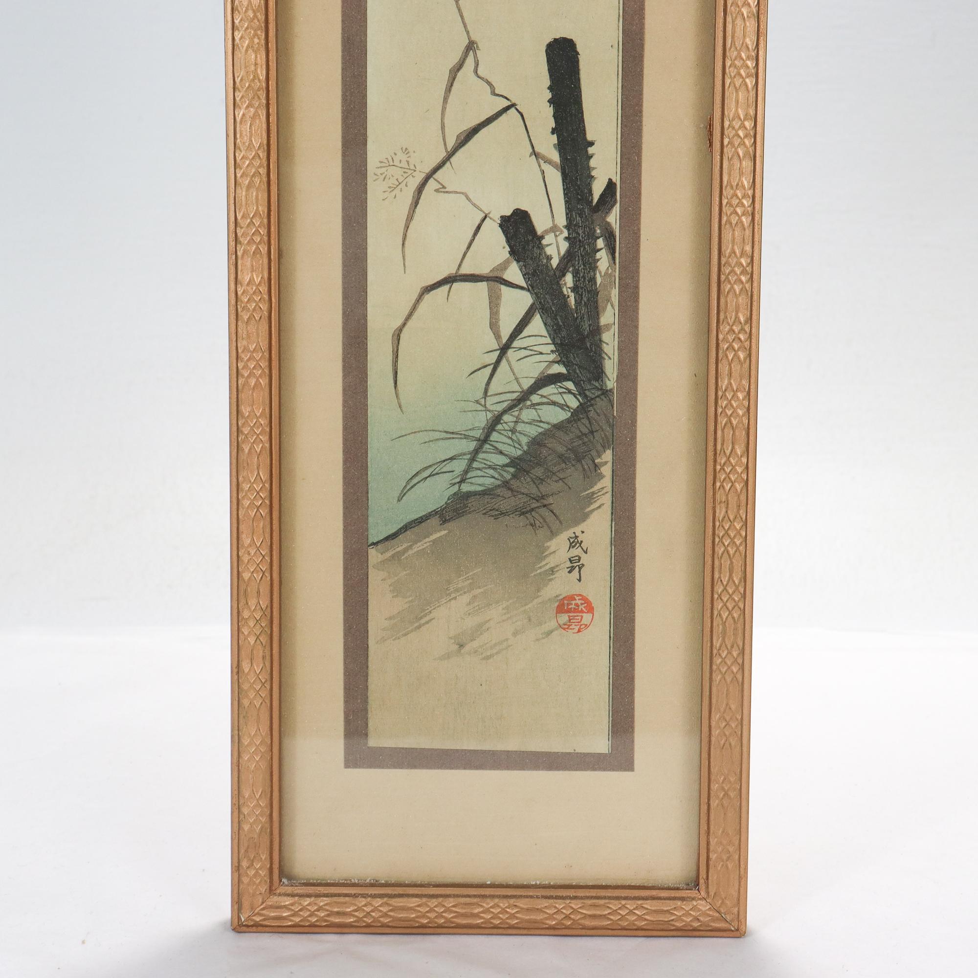 Antique Taisho Period Tanzaku Woodblock Print of Heron at Twilight by Seiko  In Good Condition For Sale In Philadelphia, PA