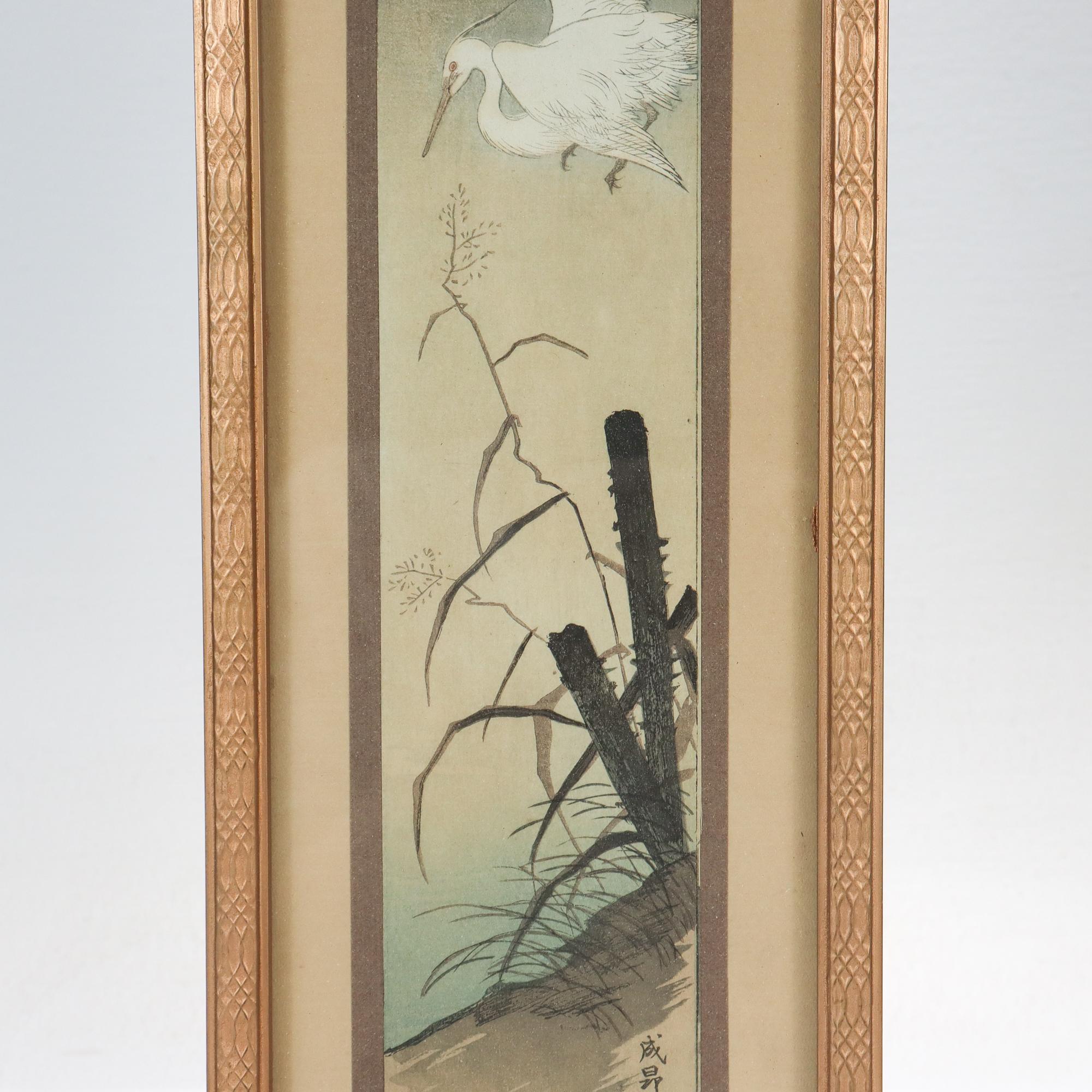 20th Century Antique Taisho Period Tanzaku Woodblock Print of Heron at Twilight by Seiko  For Sale