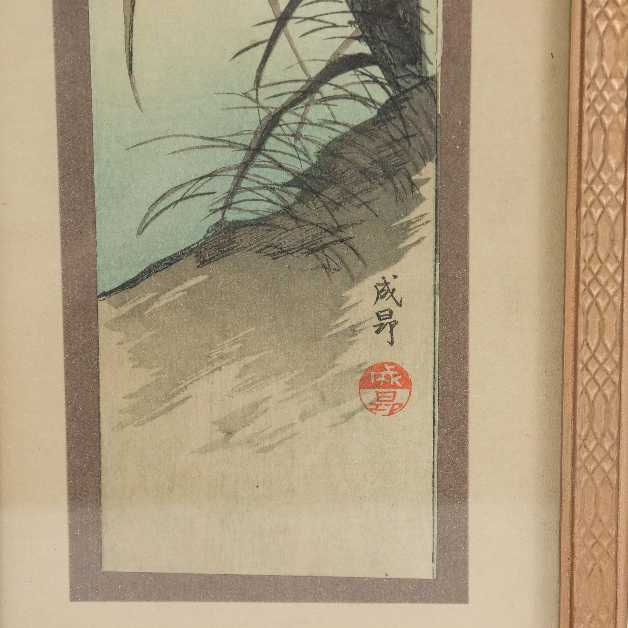 Paper Antique Taisho Period Tanzaku Woodblock Print of Heron at Twilight by Seiko  For Sale