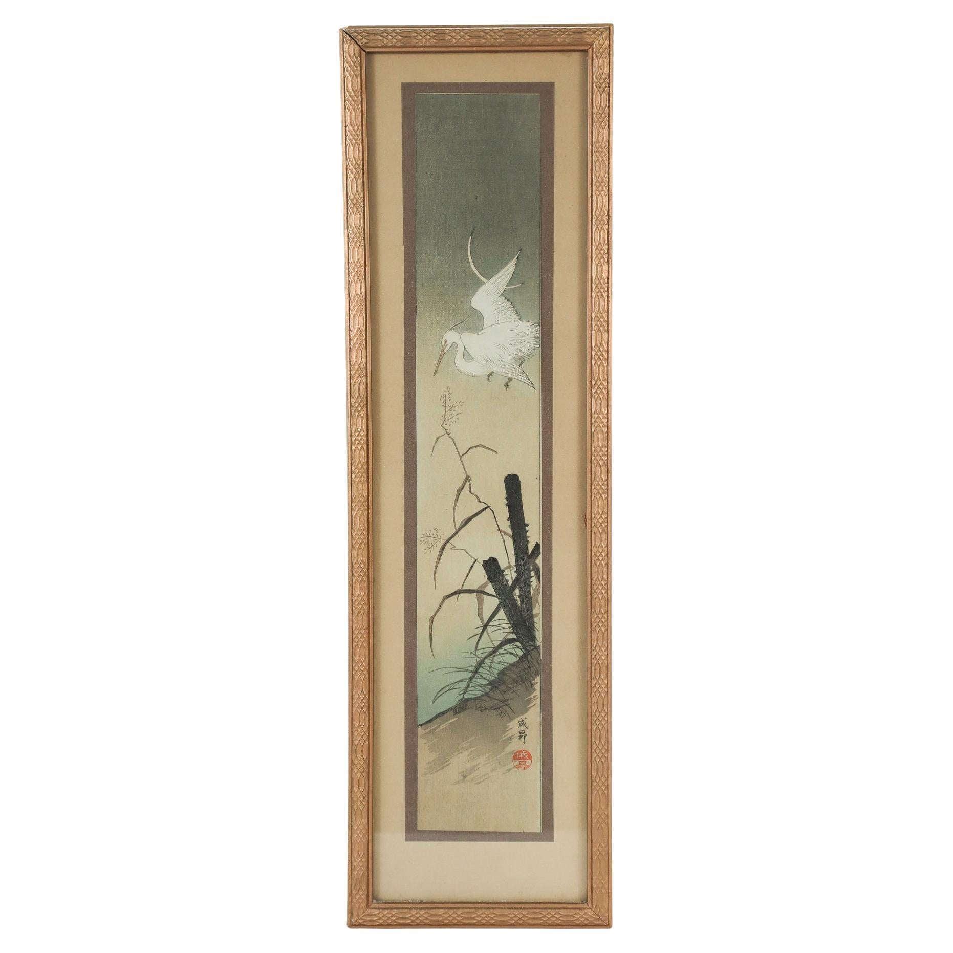 Antique Taisho Period Tanzaku Woodblock Print of Heron at Twilight by Seiko 