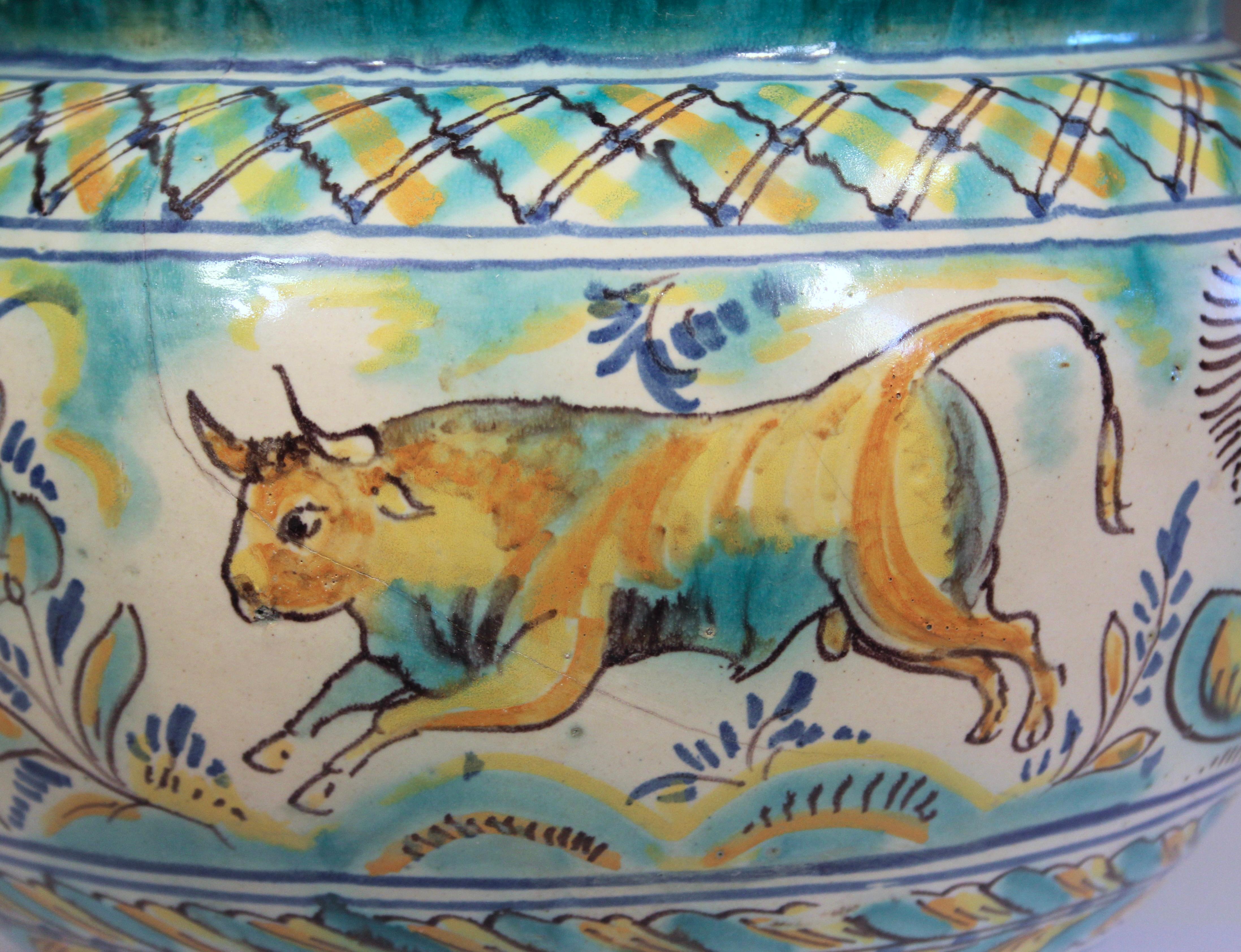 Antique Talavera Spanish Majolica Centerpiece Bowl Bull Vase Pottery Faience 1