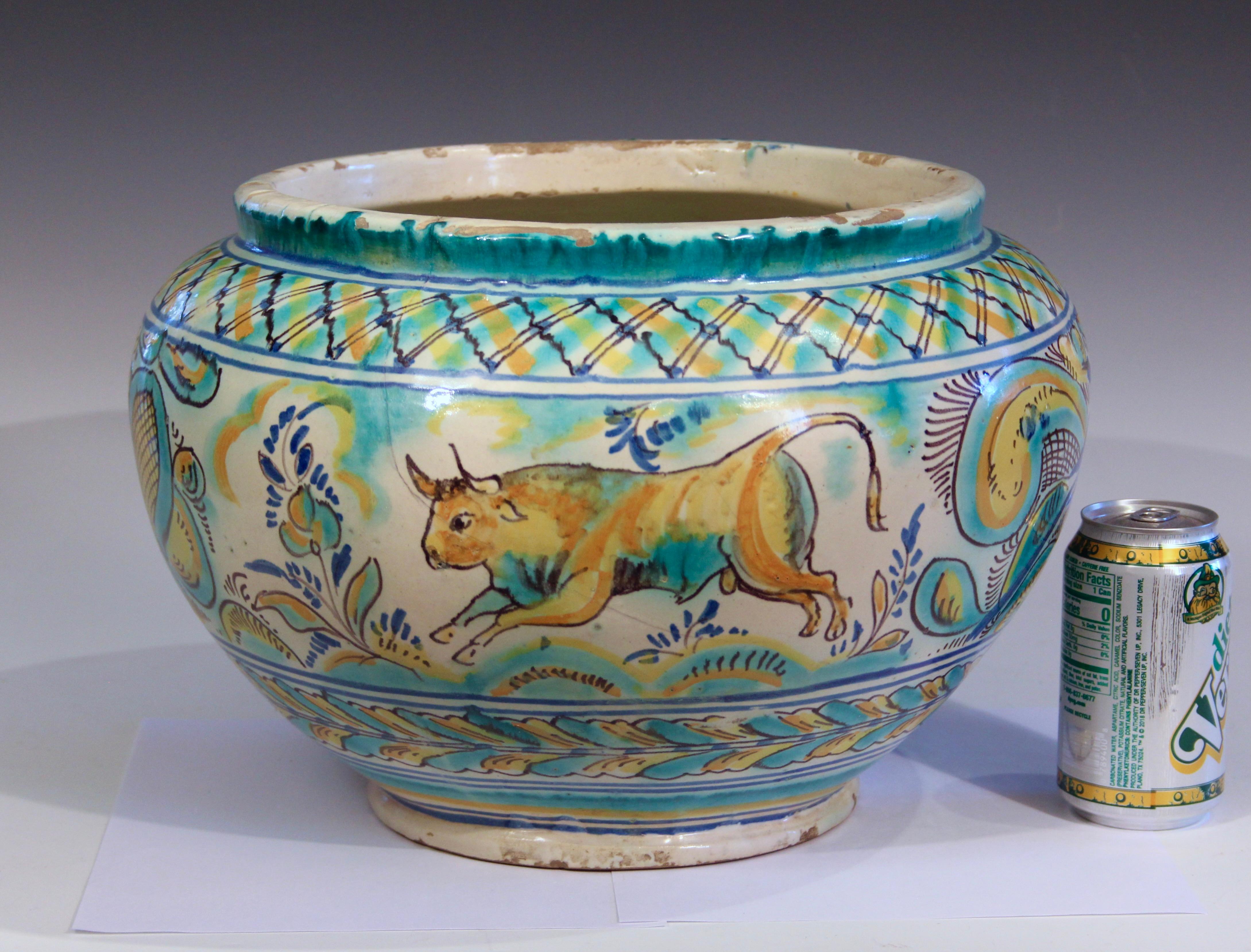Antique Talavera Spanish Majolica Centerpiece Bowl Bull Vase Pottery Faience 2