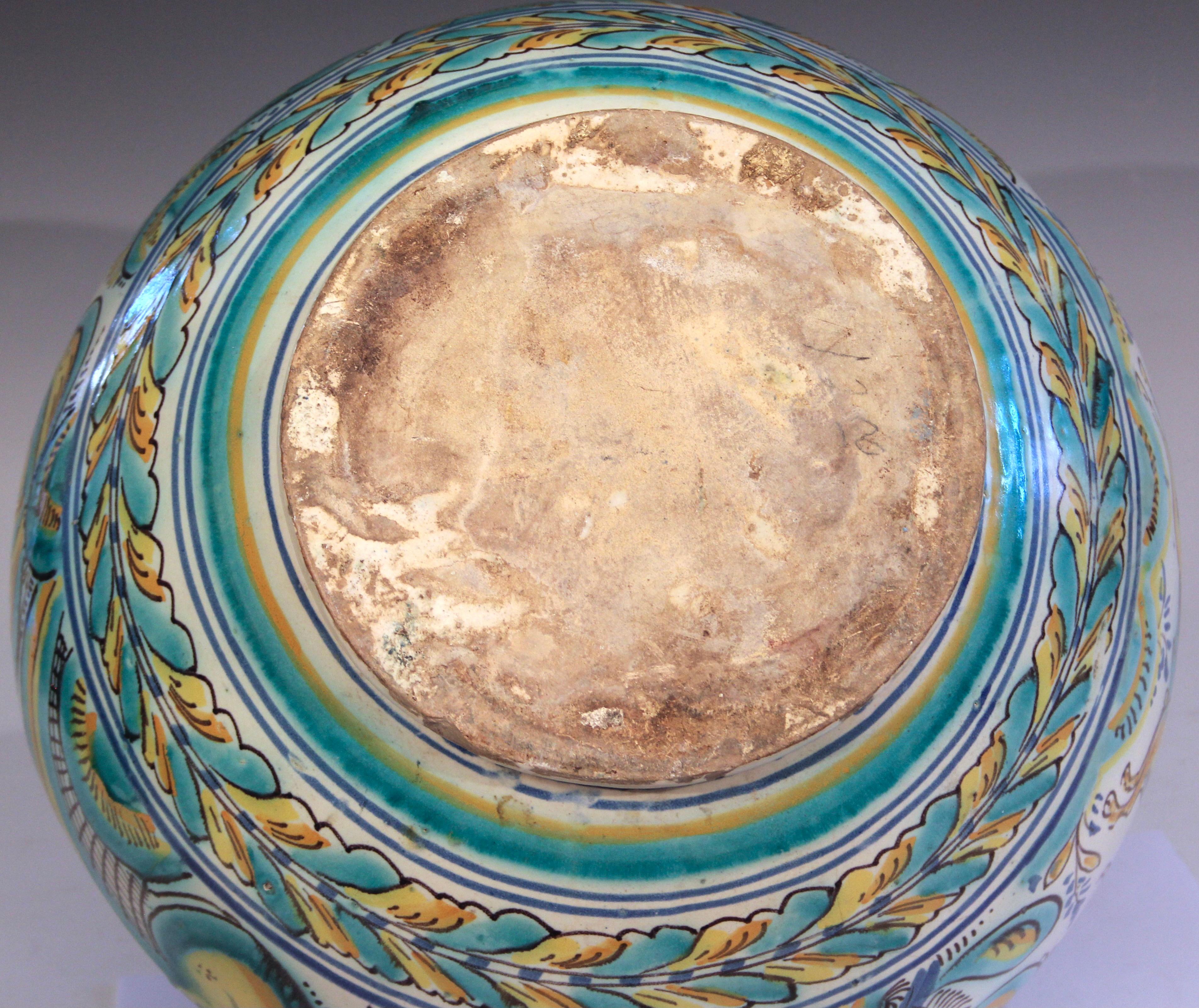 Turned Antique Talavera Spanish Majolica Centerpiece Bowl Bull Vase Pottery Faience