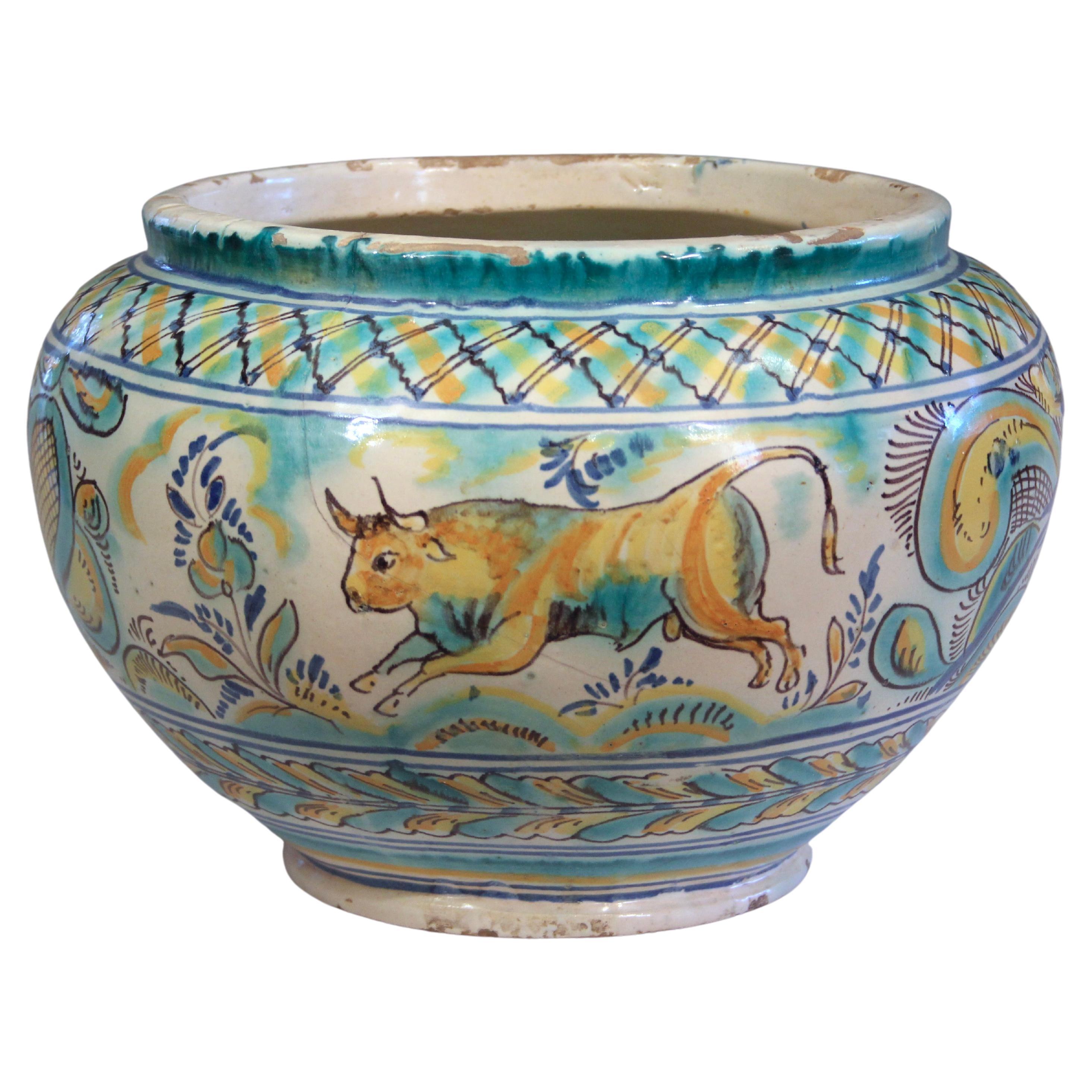 Antique Talavera Spanish Majolica Centerpiece Bowl Bull Vase Pottery Faience