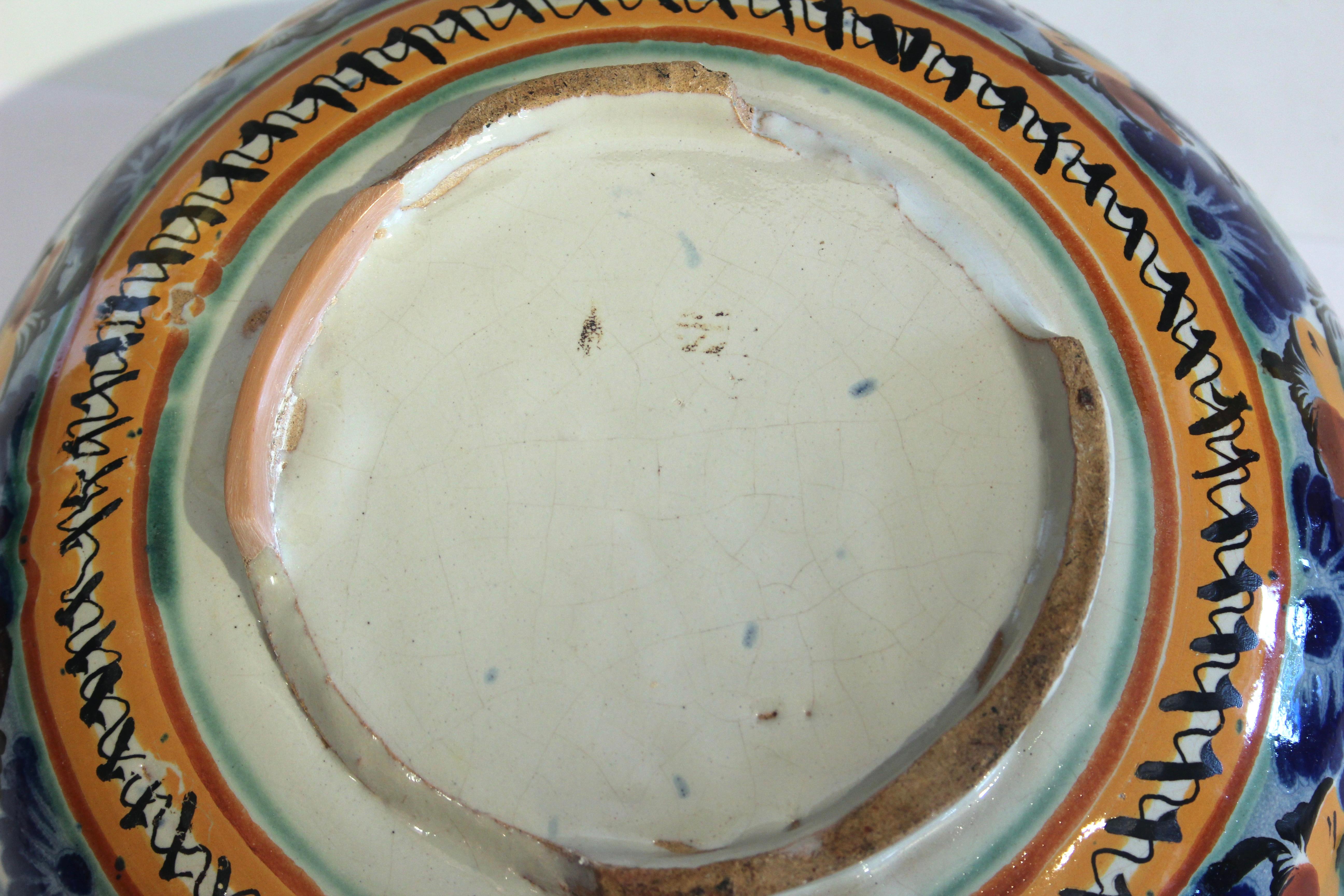Turned Antique Talavera Uriarte Mexican Pottery Bowl Centerpiece Fruit Large 14