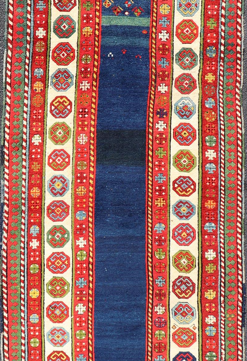 Wool Antique Talish Caucasian Runner in Red, Cream and Blue 3'3 x 8'5 For Sale