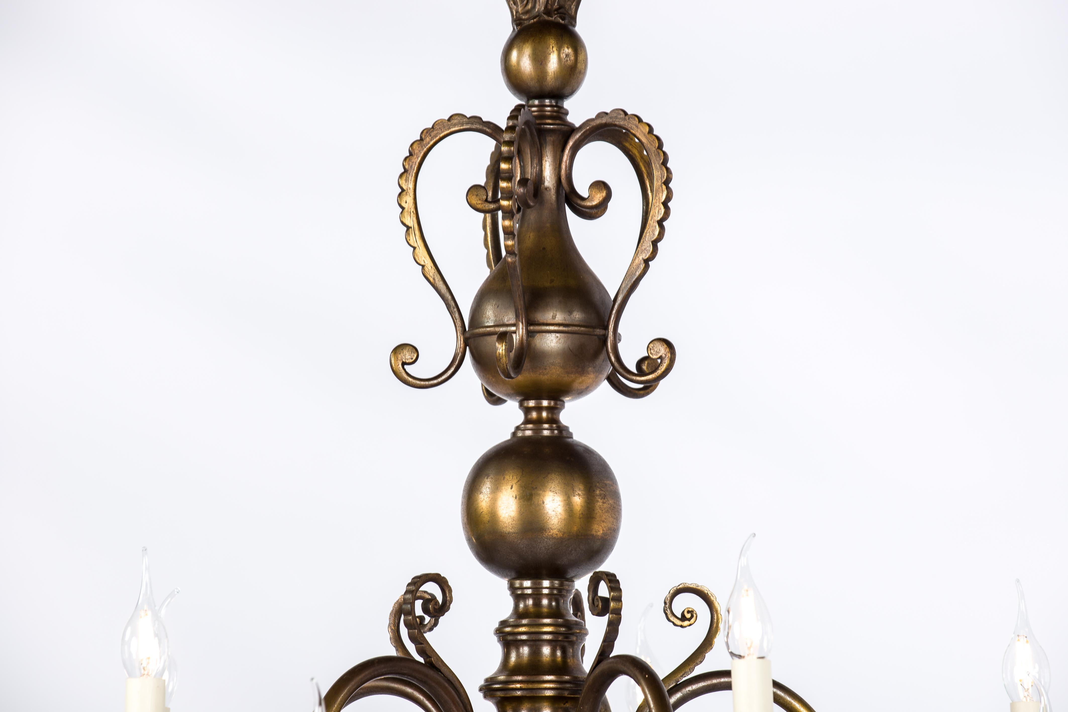 Antique Tall 2-Tier Patinated Brass Dutch or Flemish 10 Light Chandelier In Good Condition For Sale In Casteren, NL