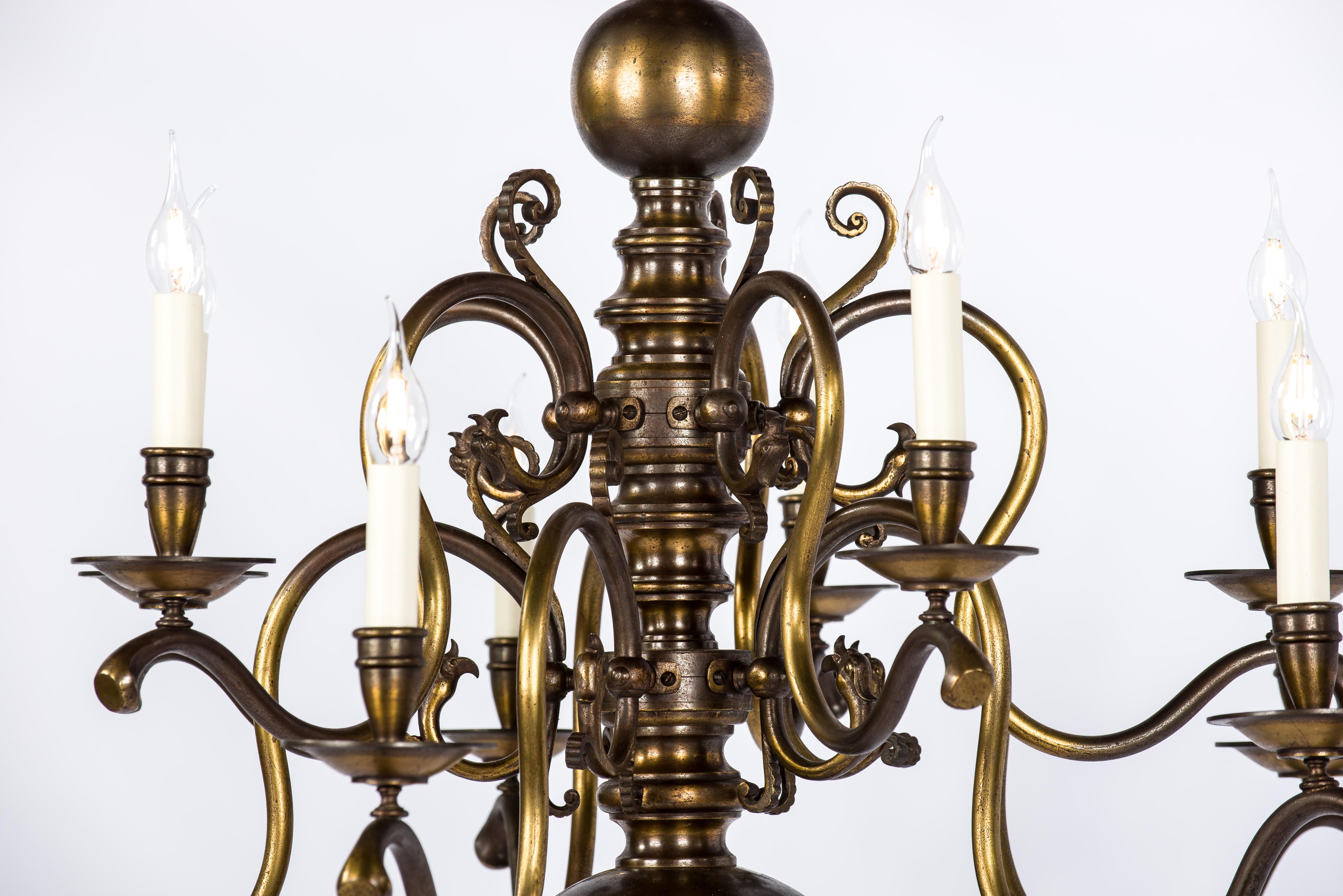 Early 20th Century Antique Tall 2-Tier Patinated Brass Dutch or Flemish 10 Light Chandelier For Sale