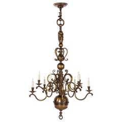 Antique Tall 2-Tier Patinated Brass Dutch or Flemish 10 Light Chandelier