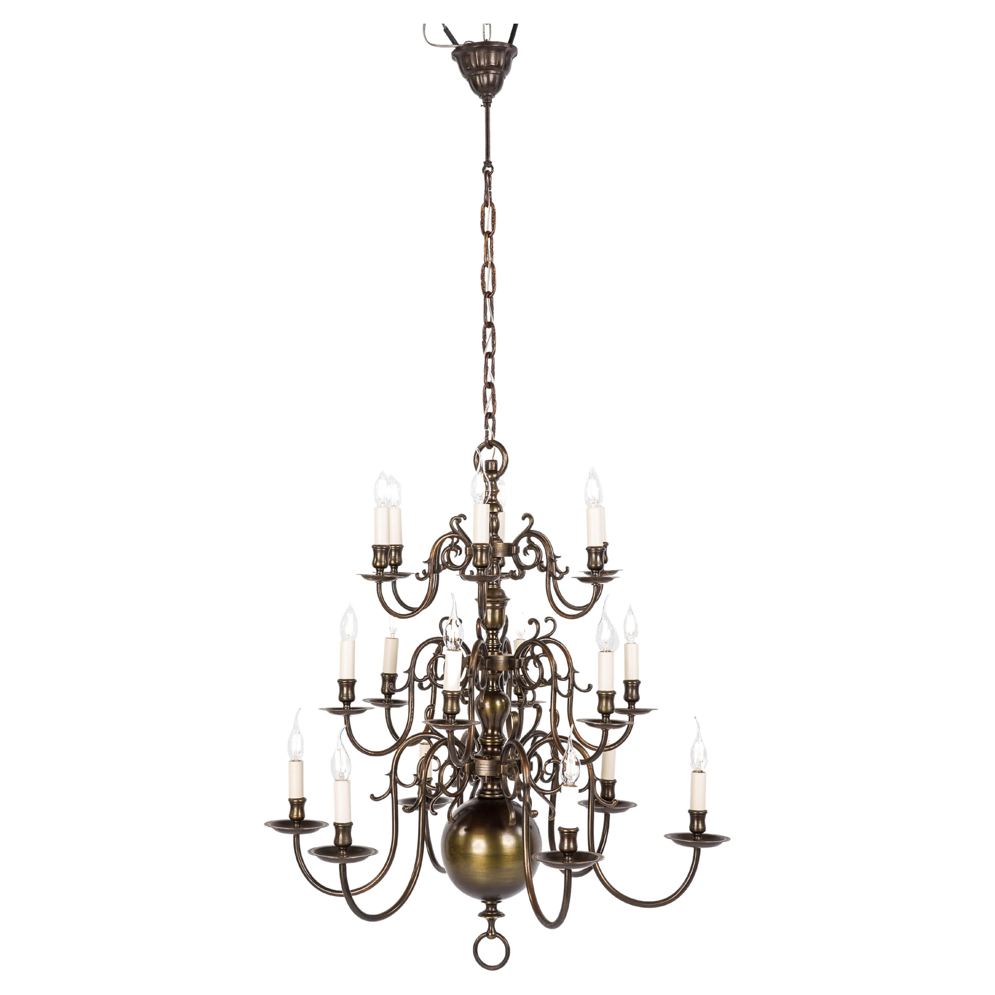 Antique Tall 3-Tier Patinated Brass Dutch Chandelier with 18 Lights For Sale