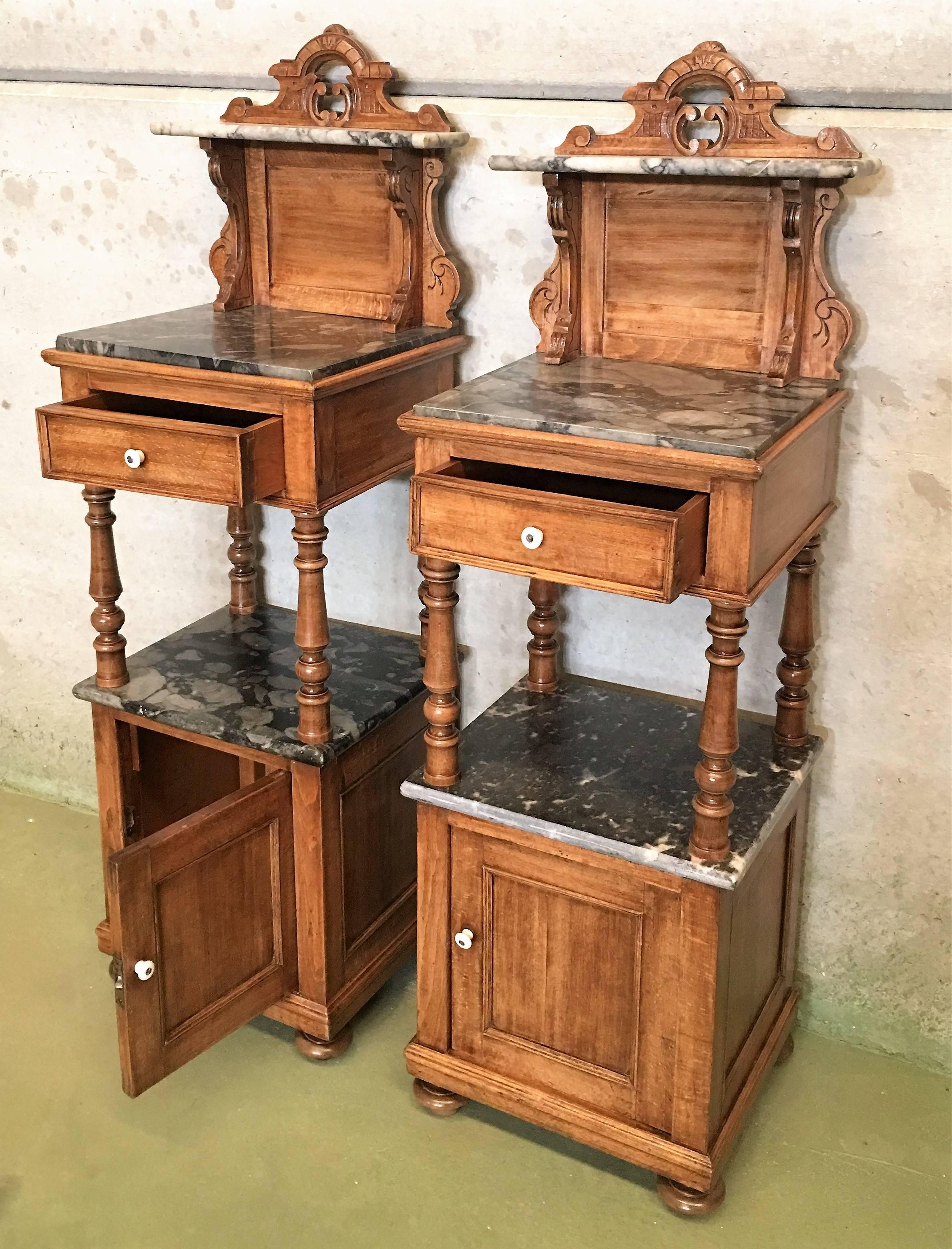 Elegant and beautiful quality antique nightstands.

This handcrafted early 20th century pair of bedside cabinets is in used, but good condition. The patina and the patterns in the wood are second to none and the color differences of the corners