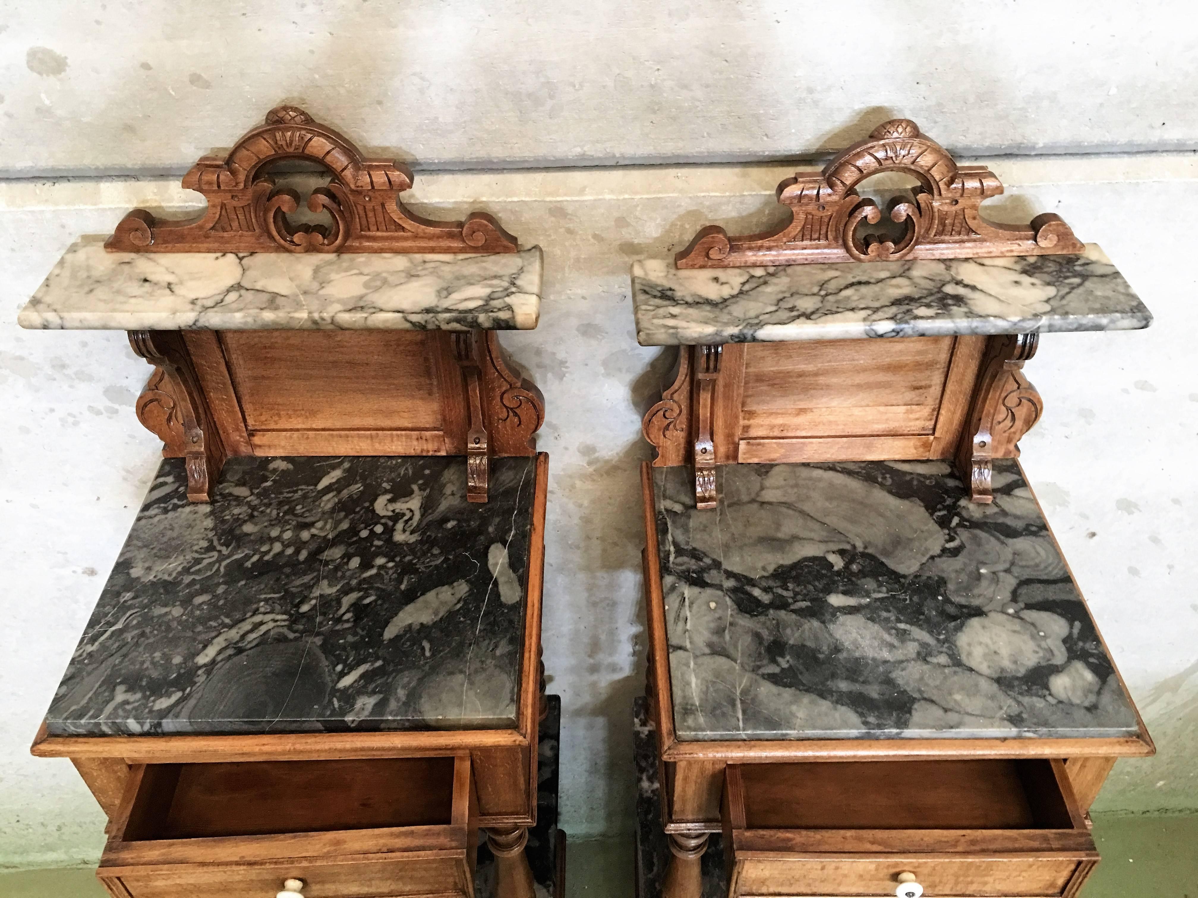 Renaissance Antique, Tall and High Top Solid Oak Bedside Cabinets with Marble Top and Drawer
