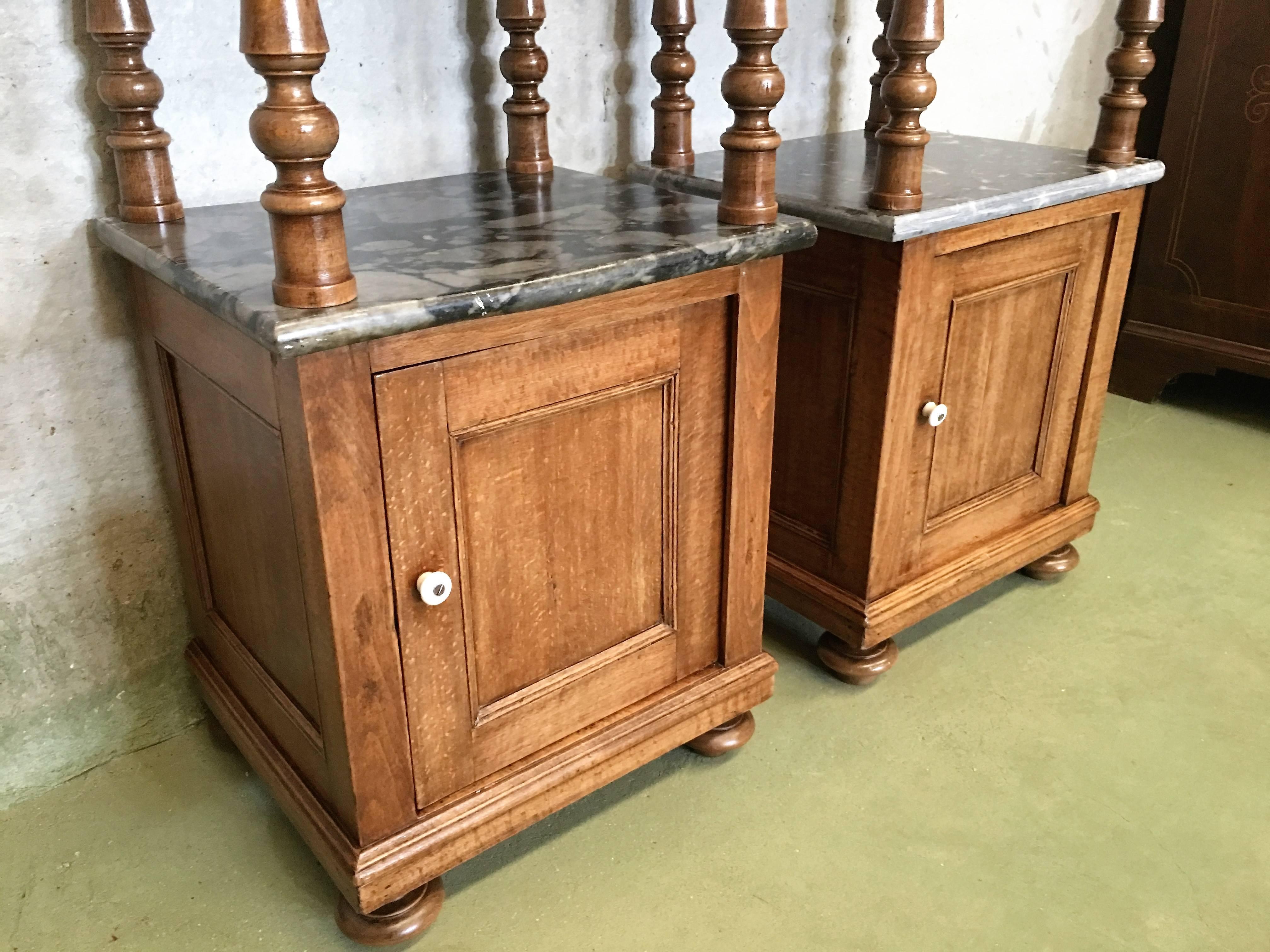 19th Century Antique, Tall and High Top Solid Oak Bedside Cabinets with Marble Top and Drawer