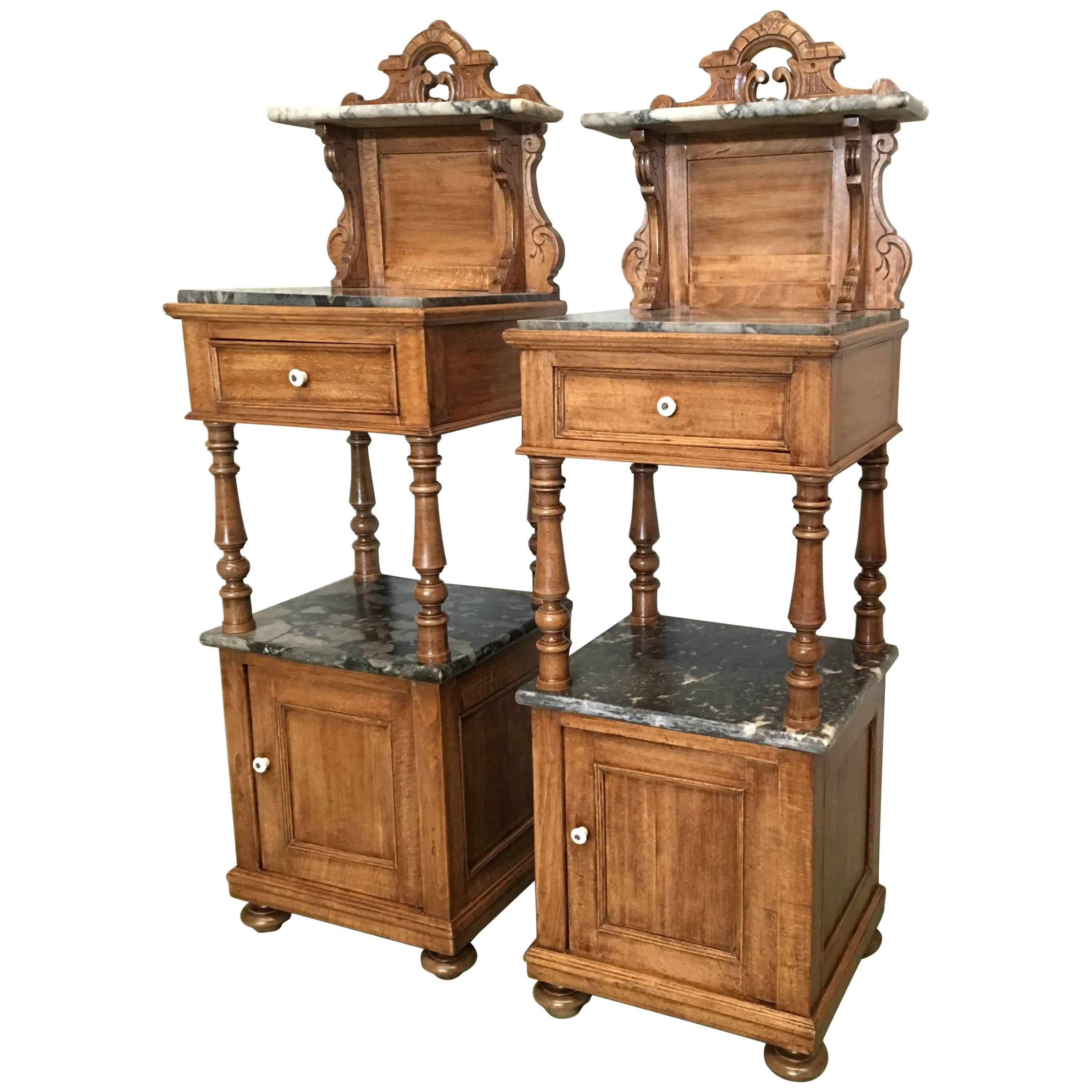 Antique, Tall and High Top Solid Oak Bedside Cabinets with Marble Top and Drawer