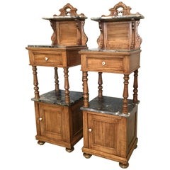 Antique, Tall and High Top Solid Oak Bedside Cabinets with Marble Top and Drawer