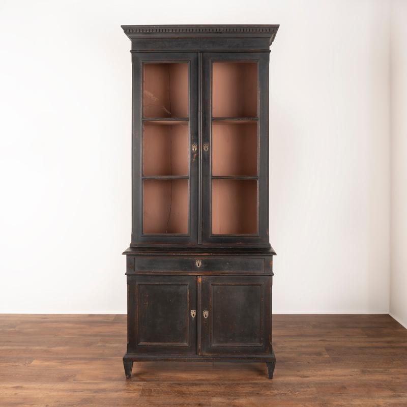 Danish Antique Tall and Narrow Black Painted Bookcase Display Cabinet