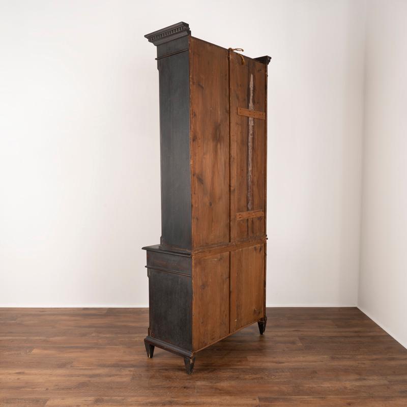 Antique Tall and Narrow Black Painted Bookcase Display Cabinet In Good Condition In Round Top, TX
