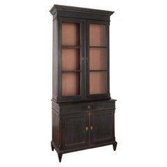 Antique Tall and Narrow Black Painted Bookcase Display Cabinet