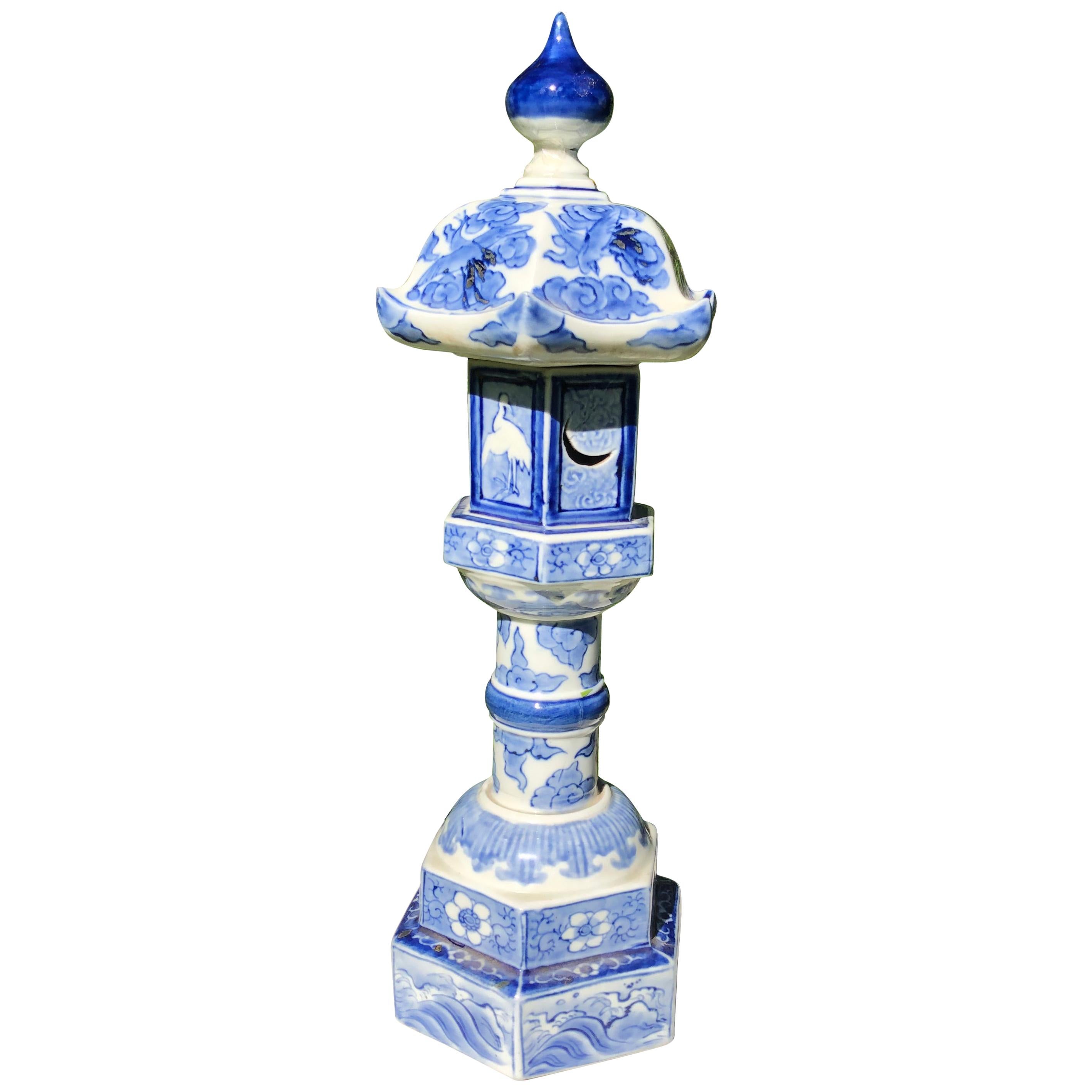 Antique Tall "Birds & Waves" Blue and White Lantern 