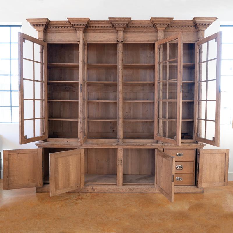 Country Antique Tall Bleached Oak Bookcase Display Cabinet from France, circa 1900's