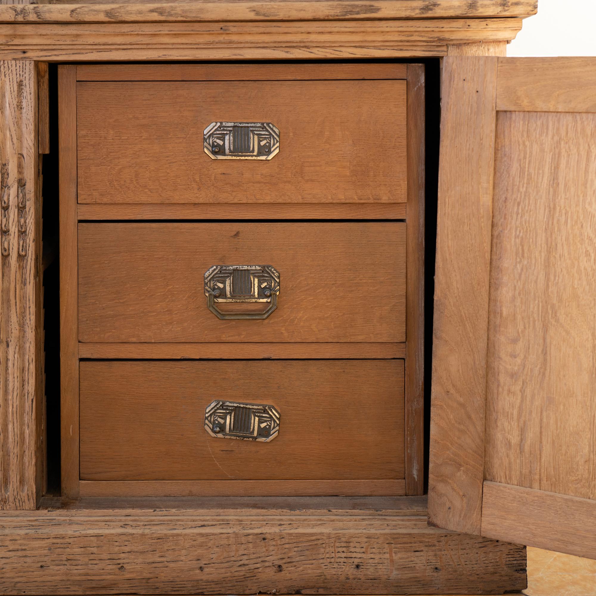 Antique Tall Bleached Oak Bookcase Display Cabinet from France, circa 1900's In Good Condition In Round Top, TX