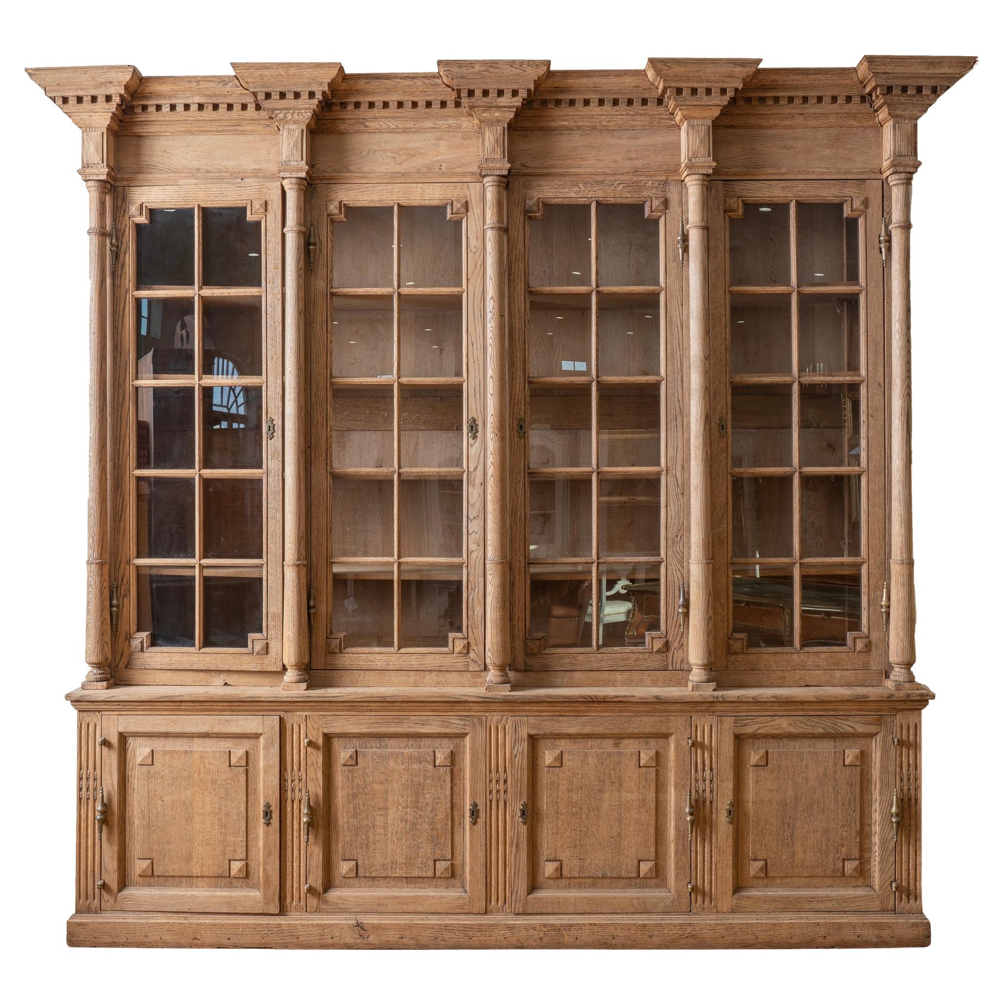 Antique Tall Bleached Oak Bookcase Display Cabinet from France, circa 1900's