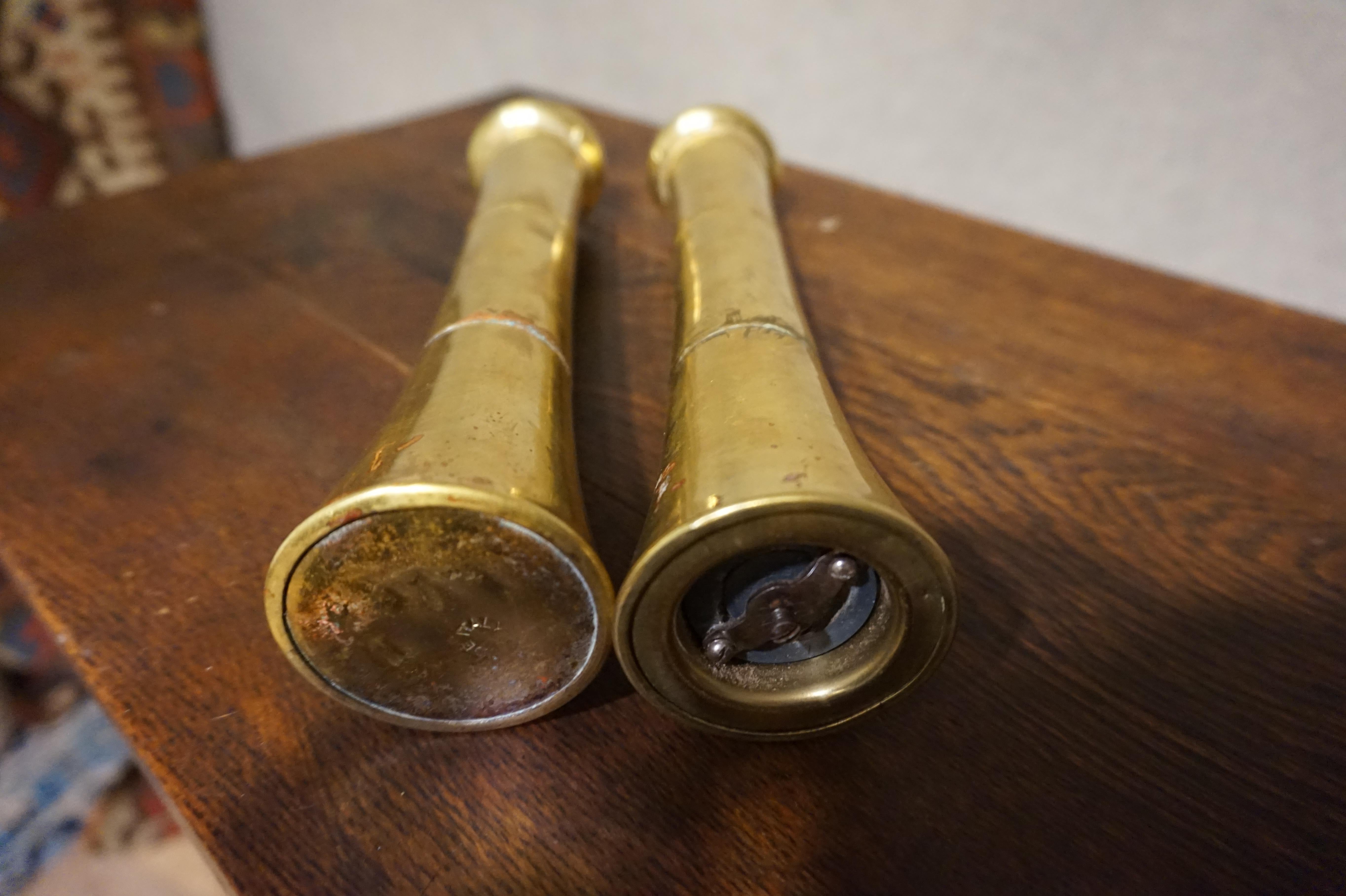 Art Deco Antique Tall Brass Salt and Pepper Grinders, Italy