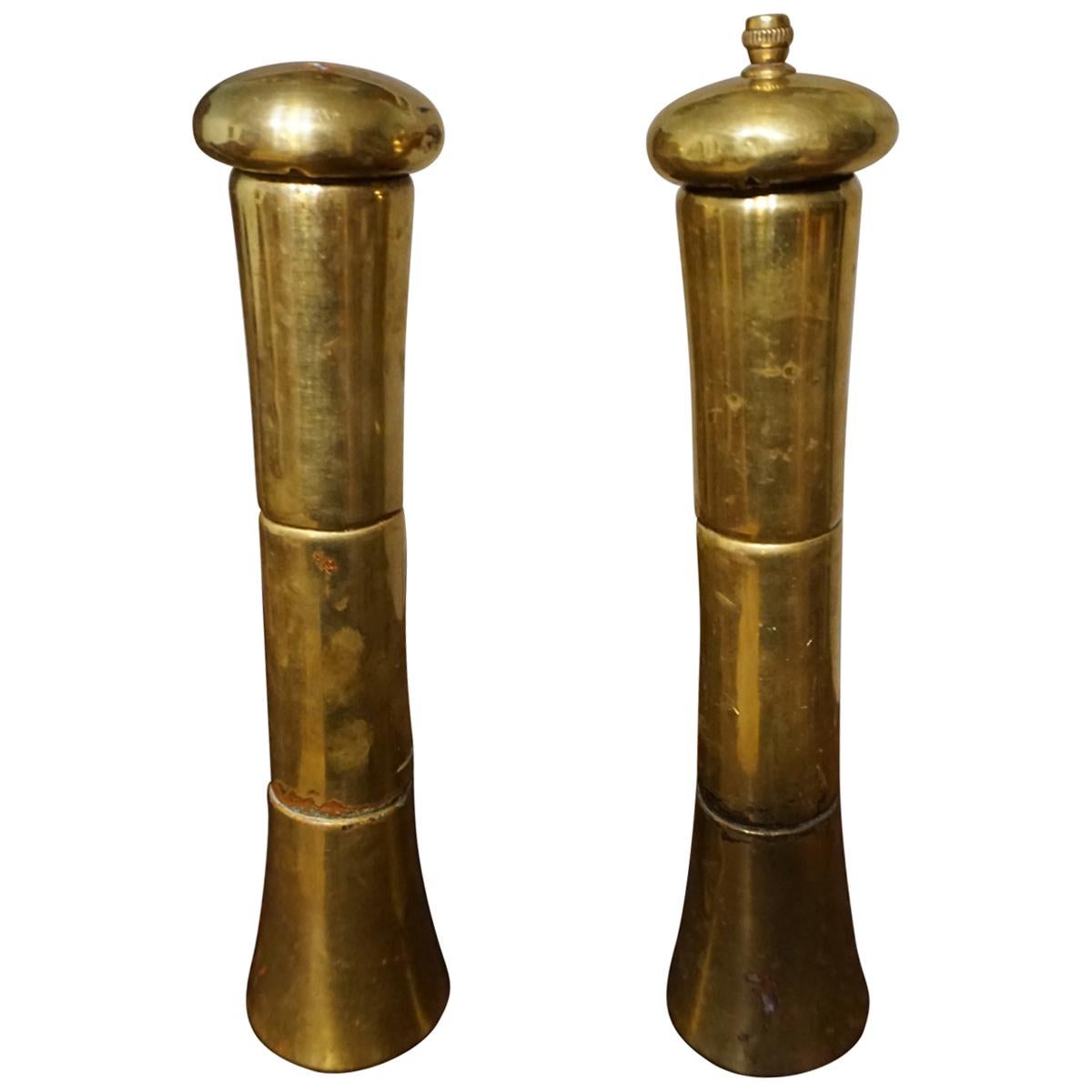 Antique Tall Brass Salt and Pepper Grinders, Italy