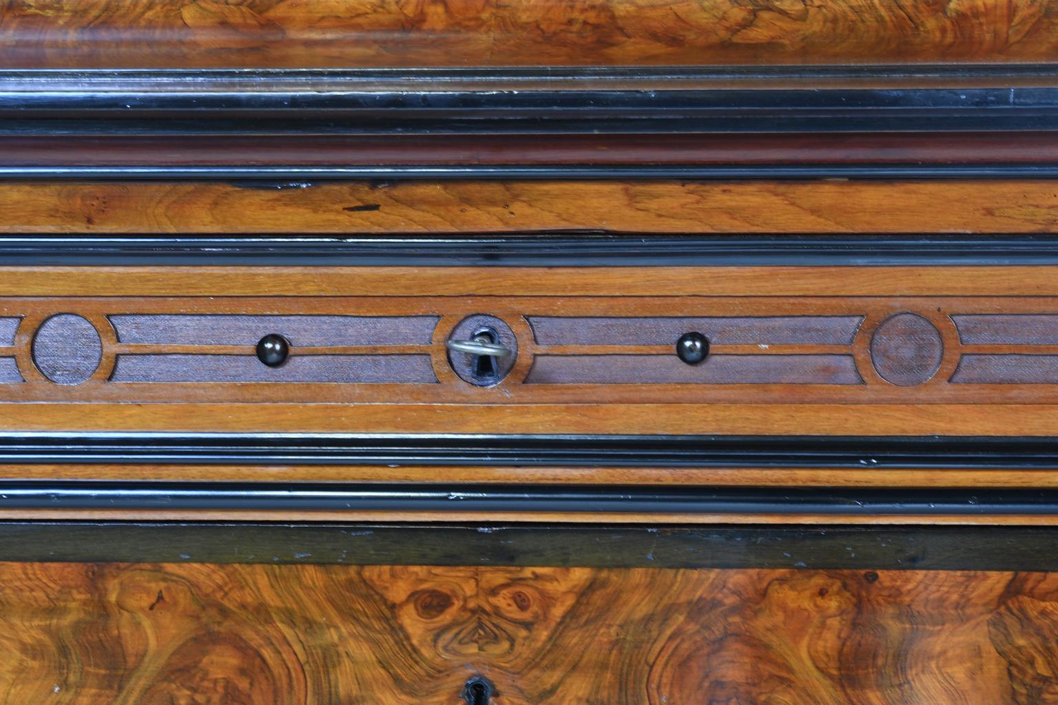 Antique Tall Chest of Drawers in Burled Walnut w Ebonized Accents & Pedestal Top For Sale 5
