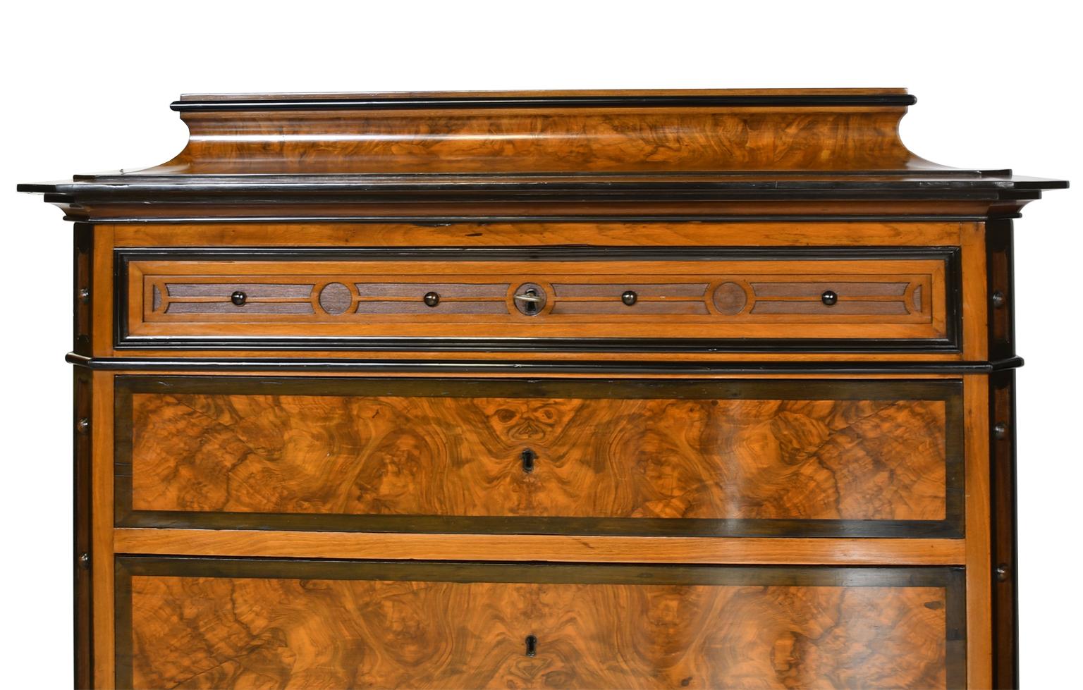 Antique Tall Chest of Drawers in Burled Walnut w Ebonized Accents & Pedestal Top For Sale 3