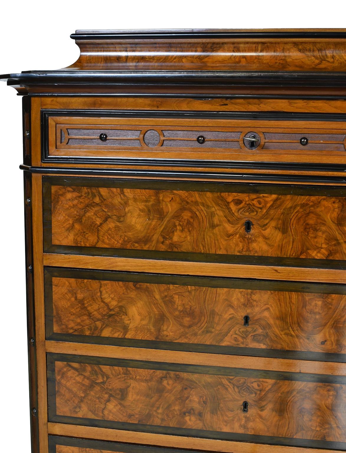 Antique Tall Chest of Drawers in Burled Walnut w Ebonized Accents & Pedestal Top For Sale 6