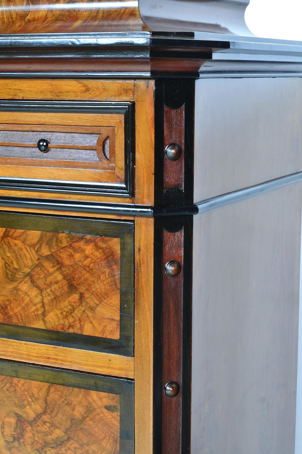 Antique Tall Chest of Drawers in Burled Walnut w Ebonized Accents & Pedestal Top For Sale 7