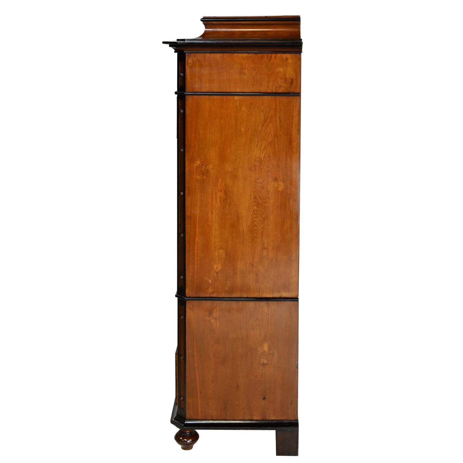 Danish Antique Tall Chest of Drawers in Burled Walnut w Ebonized Accents & Pedestal Top For Sale