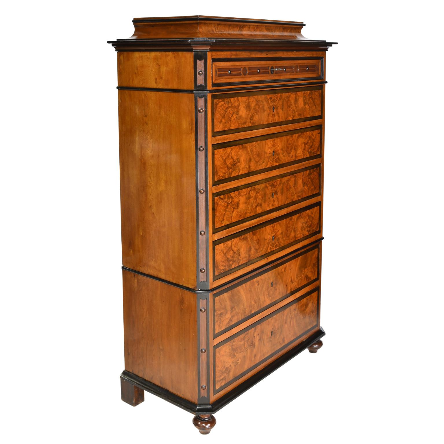 Napoleon III Antique Tall Chest of Drawers in Burled Walnut w Ebonized Accents & Pedestal Top For Sale
