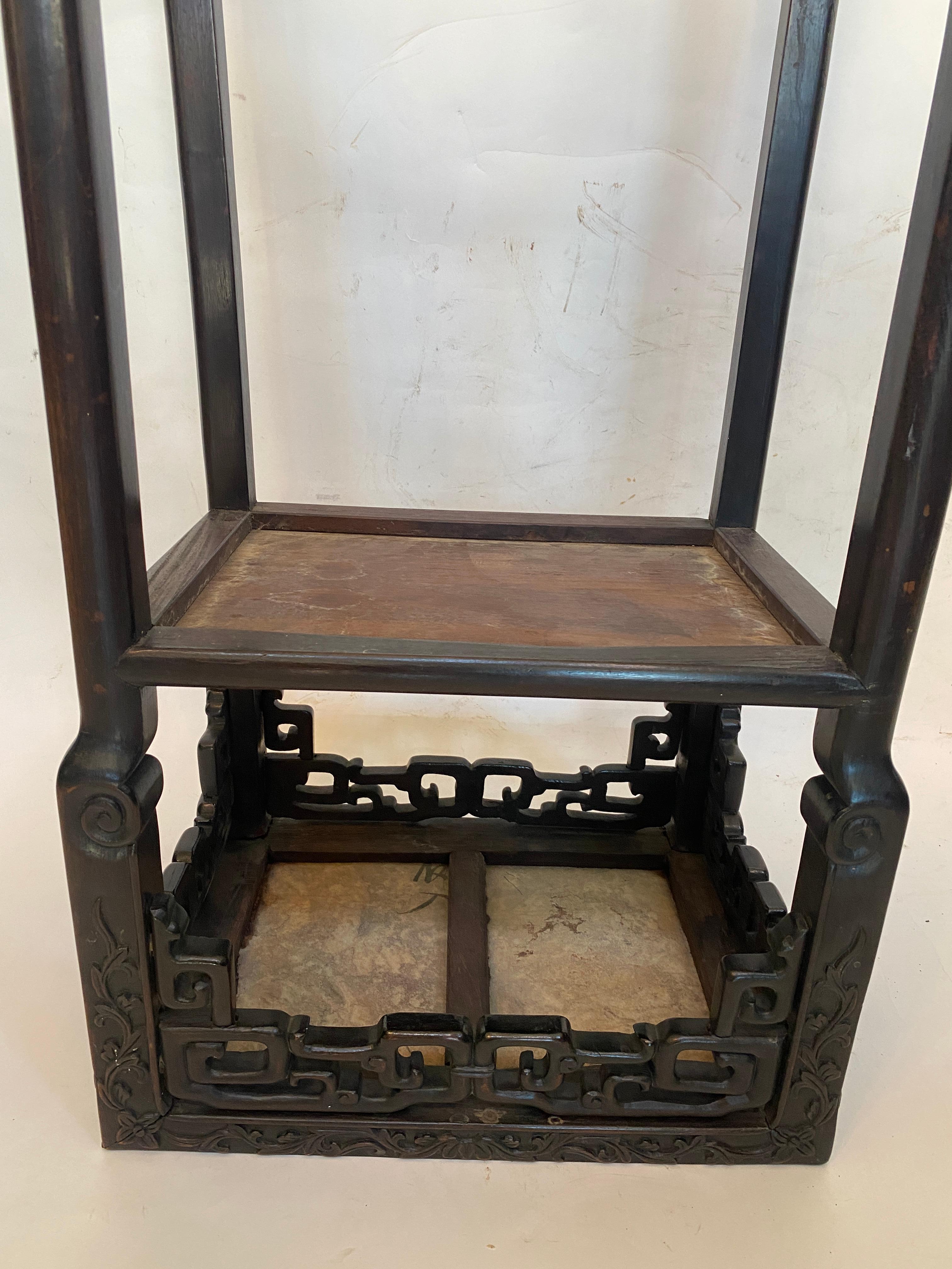 Antique Tall Chinese Carved Rosewood Two Tiered Flower Stands Marble-Top Insert For Sale 3