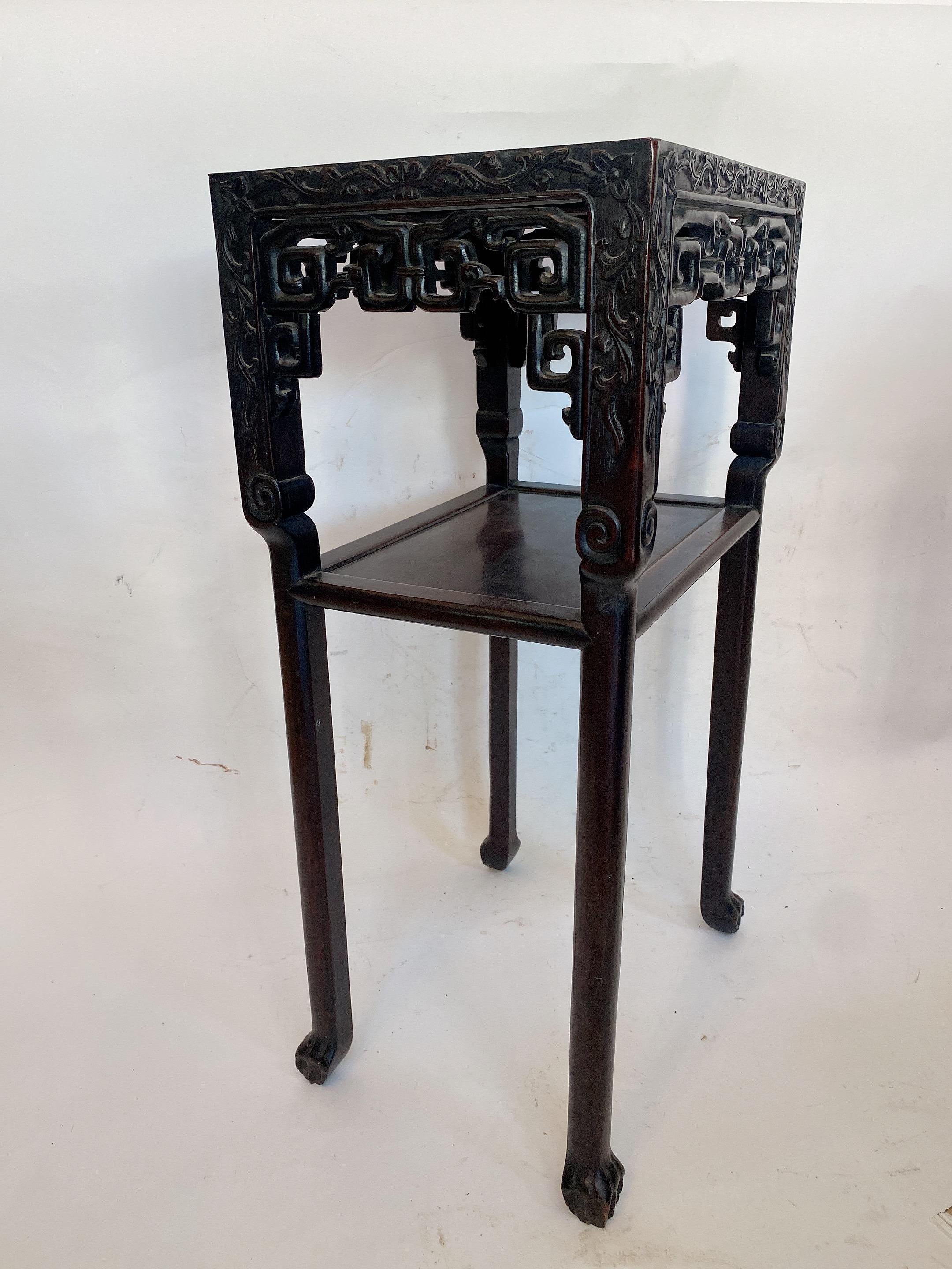 Antique Tall Chinese Carved Rosewood Two Tiered Flower Stands Marble-Top Insert For Sale 4
