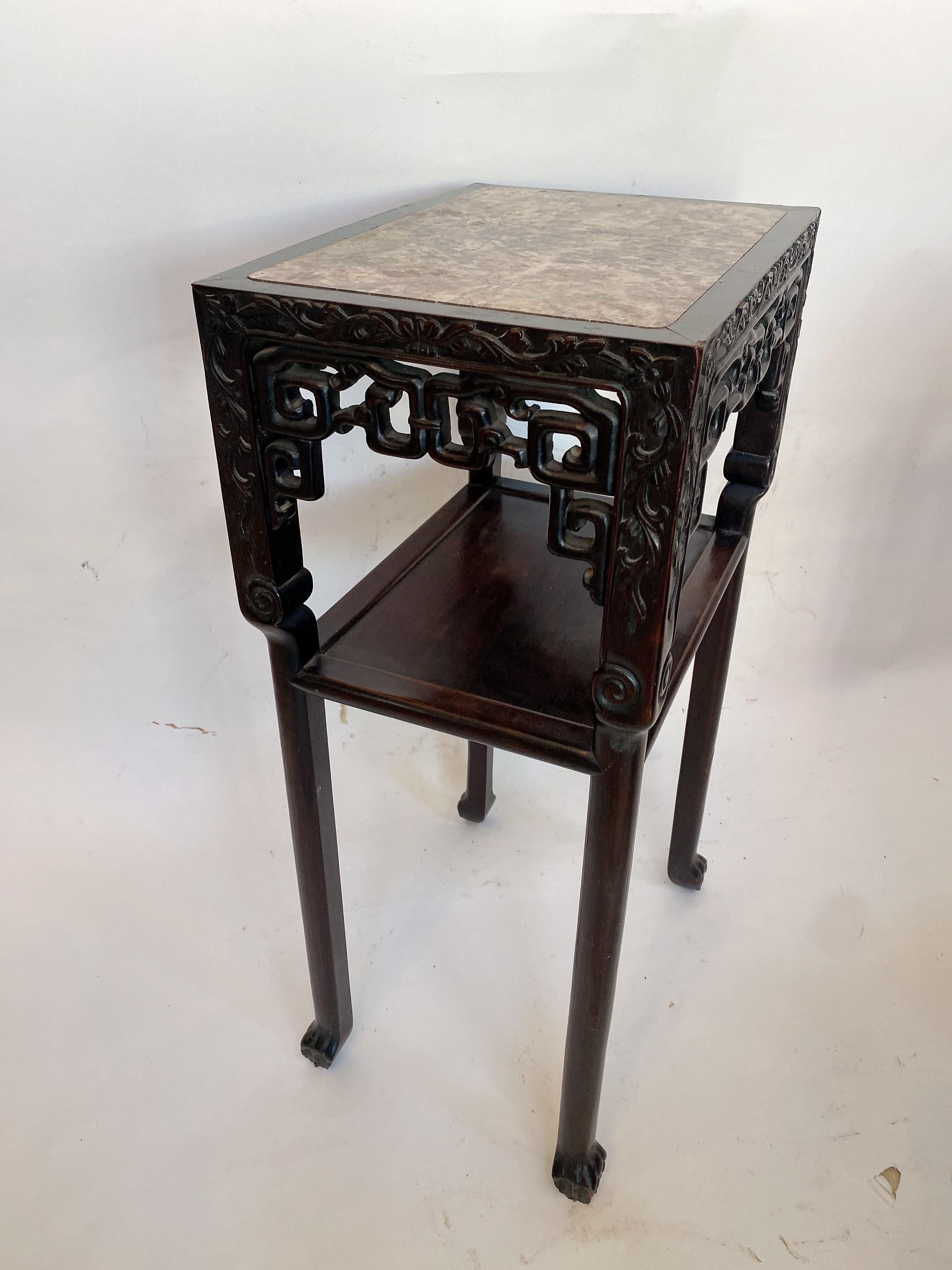 Antique Tall Chinese Carved Rosewood Two Tiered Flower Stands Marble-Top Insert For Sale 5