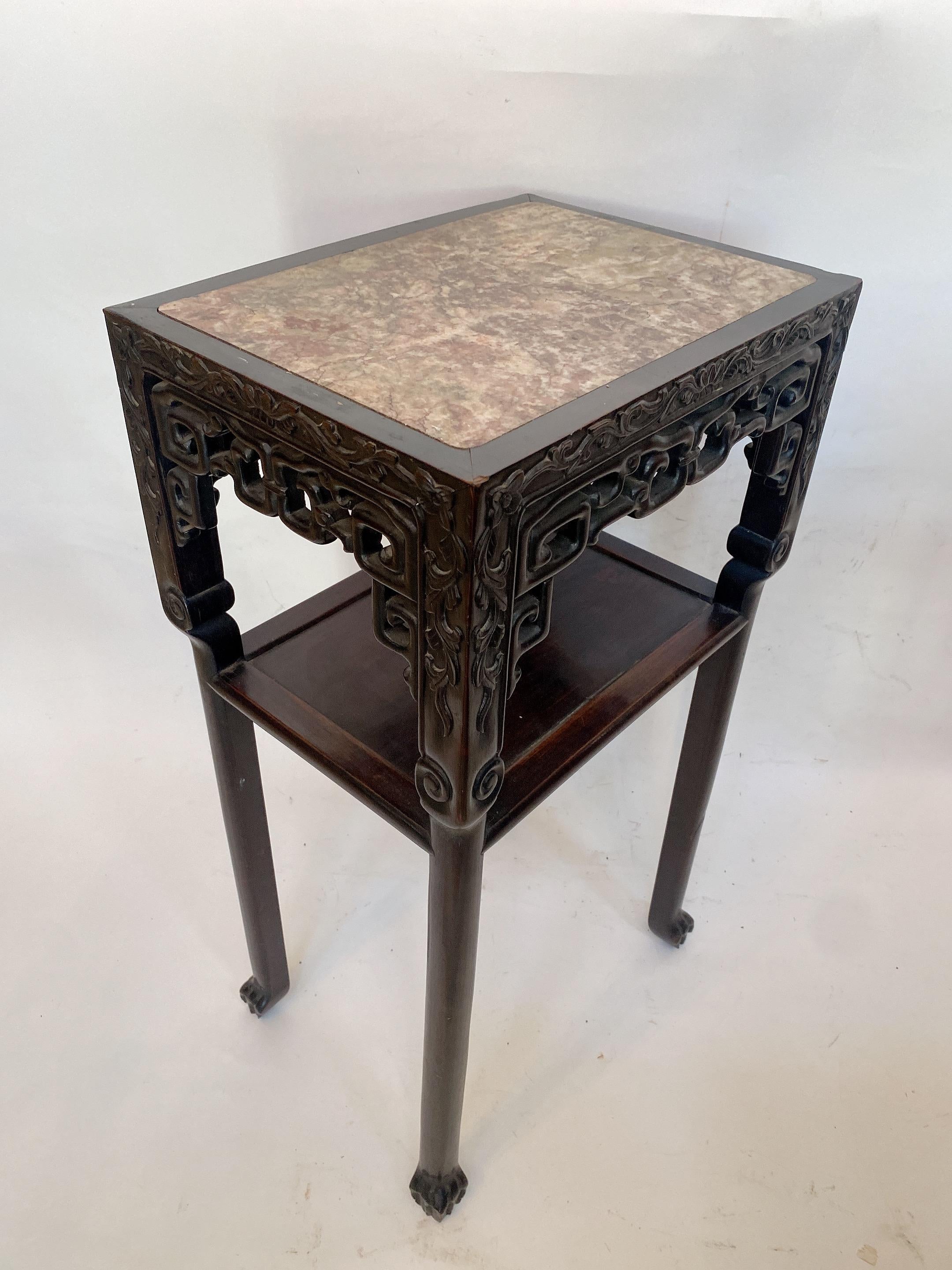 Antique Tall Chinese Carved Rosewood Two Tiered Flower Stands Marble-Top Insert For Sale 6